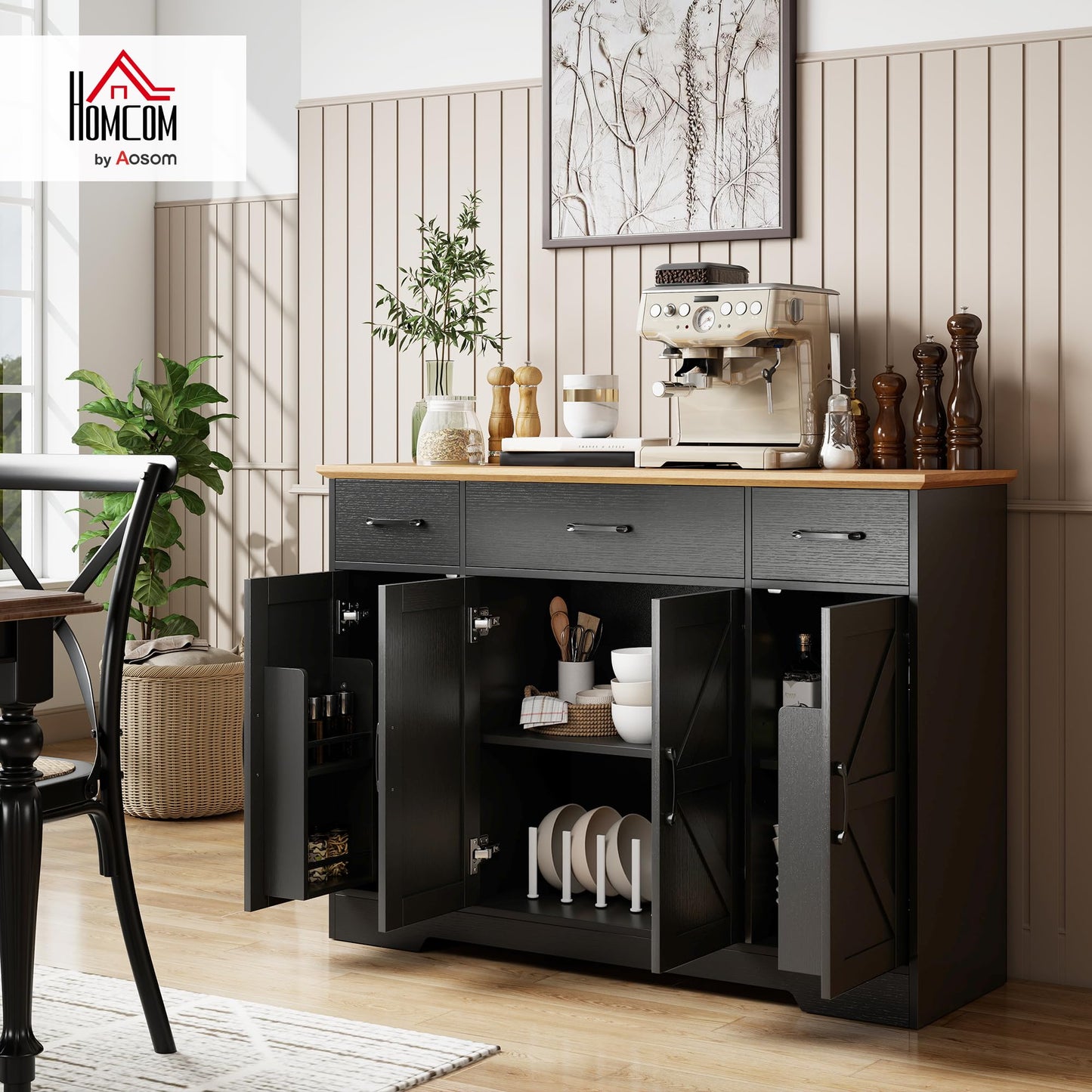 HOMCOM 47" Sideboard Buffet Cabinet, Farmhouse Credenza with Soft-Close Hinges, Coffee Bar Cabinet with Spice Racks, 3 Drawers and 3 Adjustable Shelves, Black