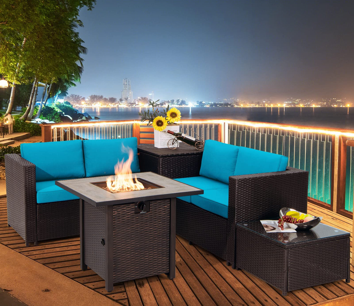 Tangkula 5 Piece Patio Furniture Set with 30 Inches 50,000 BTU Gas Fire Pit Table, Outdoor Wicker Conversation Sectional Sofa Set with Storage Box and Coffee Table, for Poolside, Deck (Turquoise)