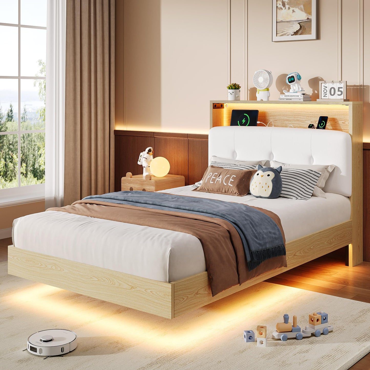Einhomn Floating Bed Frame Twin with 2-Tier Storage Velvet Fabric Upholstered Headboard, Wooden Platform Bed Frame w/Charging Station & LED Lights, Metal Slats Support, No Box Spring Needed, Natural