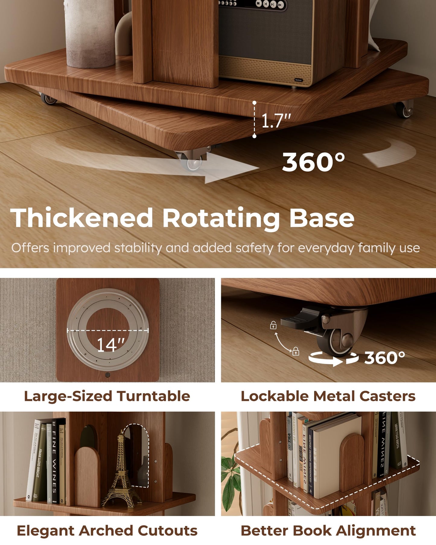 DONGMUWUJEE Solid Wood Rotating Bookshelf Tower with Book Ends, 6 Tier Corner Book Shelf with Wheels, Spinning Bookshelf Kids, Revolving Bookcase Shelf, Tall Narrow Book Case for Small Spaces, Walnut