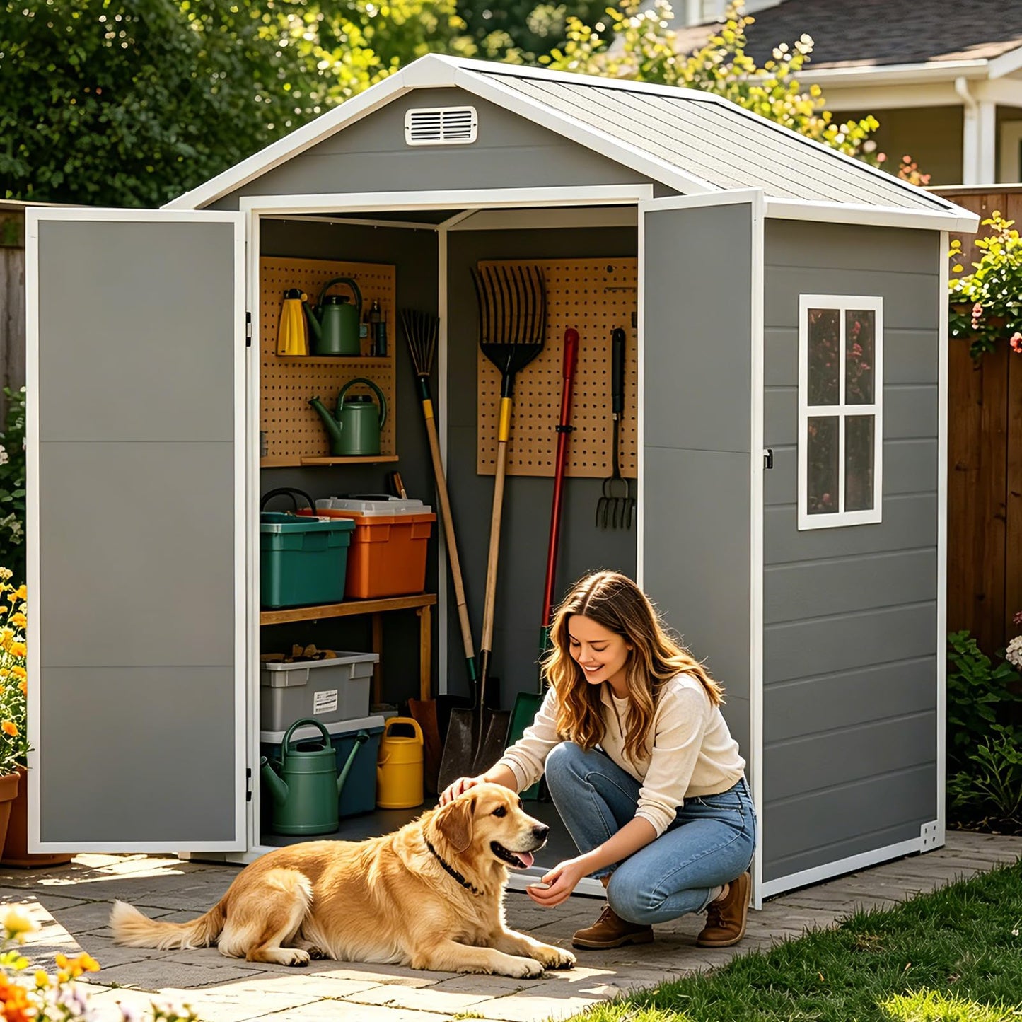 LARBANKE 6x4 FT Outdoor Resin Storage Shed with Floor & Window, All-Weather Waterproof Plastic Garden Tool Shed, Plastic Shed with Lockable Double Doors & Ramp for Mower, Bike,Backyard Storage, Gray