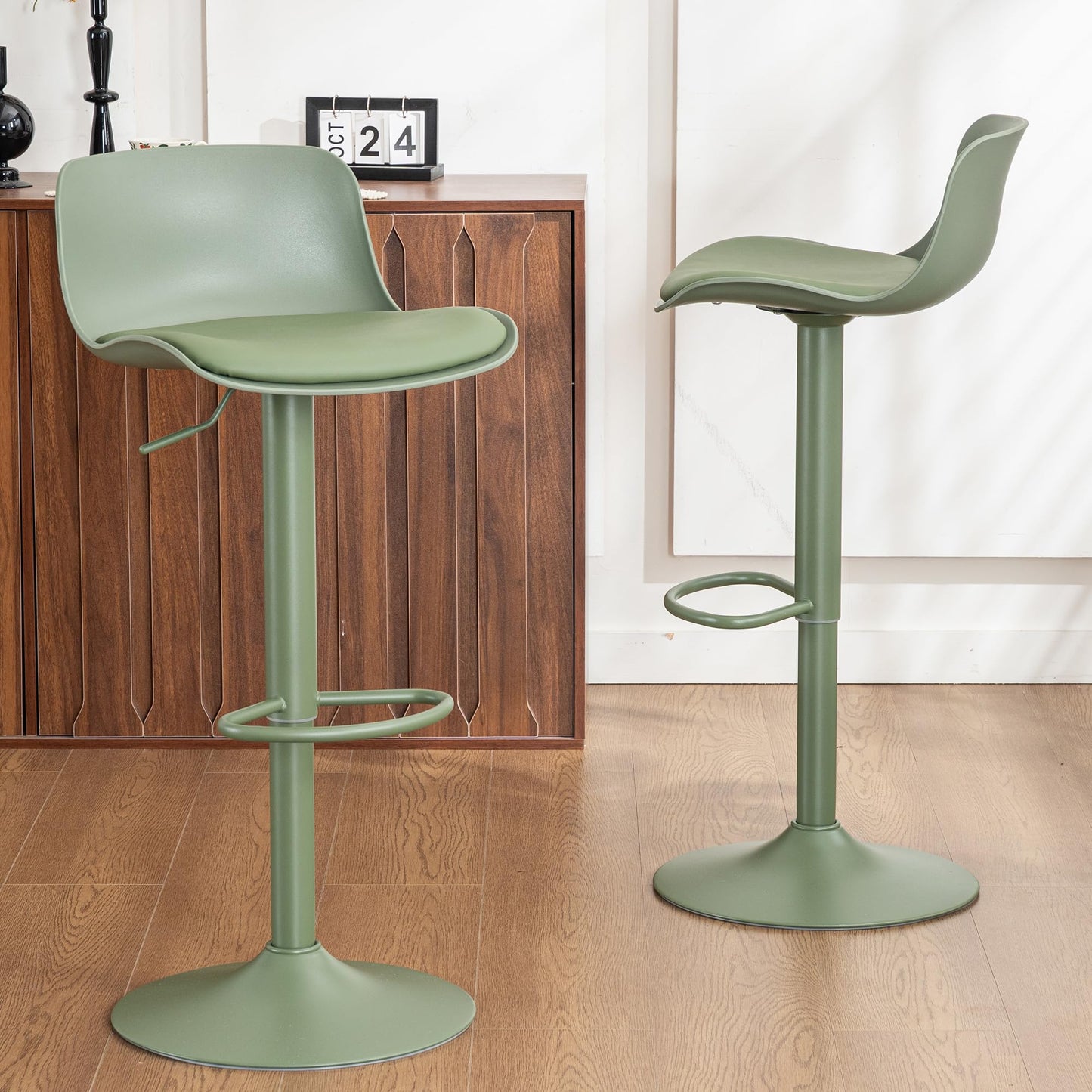 Kidol & Shellder Set of 2 Adjustable Swivel Bar Stools - Modern PU Leather Upholstered Counter Height Stools with Back Metal Base for Kitchen Island Home Bar Olive Green