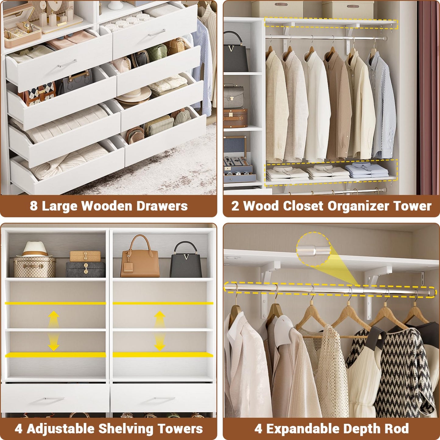 Aheaplus Closet System with 8 Wooden Drawers, Wood Closet Organizer System with Tower, Walk-in Closet Organizer Wardrobe Clothes Rack with 4 Hanging Rods, Garment Rack, Cut to Fit 7-12Ft, White