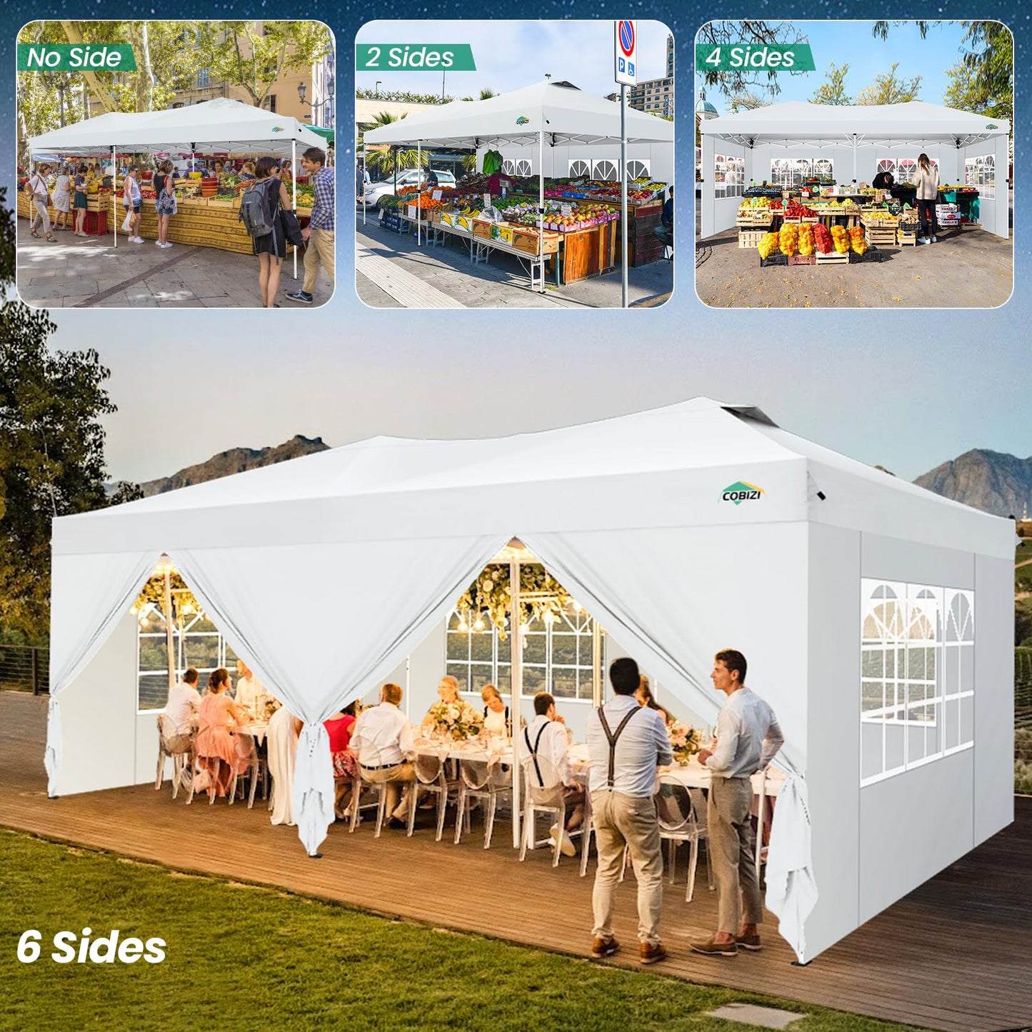 COBIZI Canopy 10x20 Pop Up Canopy Tent with 6 Sidewalls, One Push Party Tents for Parties Outdoor Wedding Waterproof Gazebo Commercial Event Tent with Sandbags, Swan White