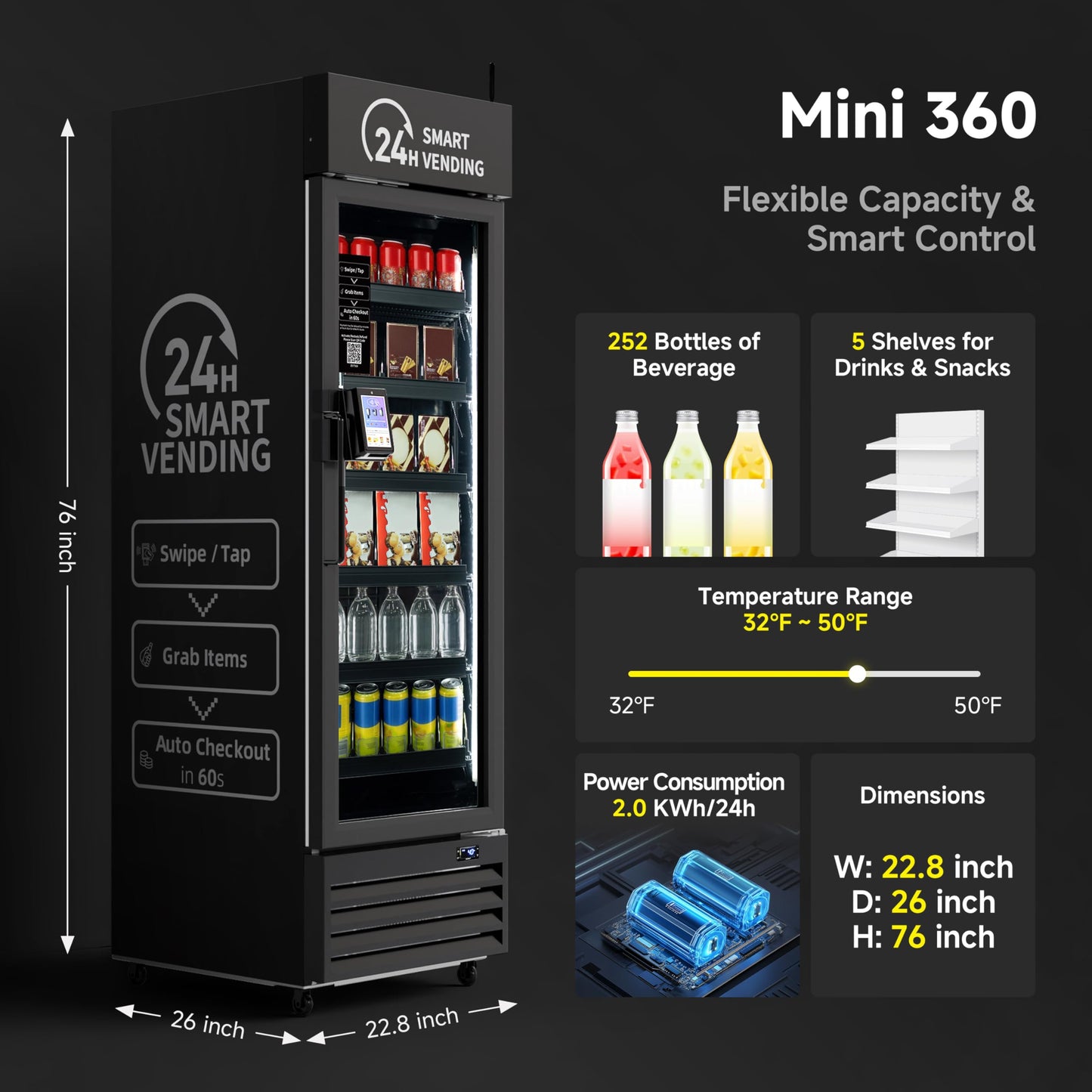AI Vending Machine with Self-Checkout - DC360 Combo Refrigerated Vending for Fresh Food, Snacks & Cold Beverages - Real Time Inventory - Ideal for Office, School, Hospital, Gym (Black)