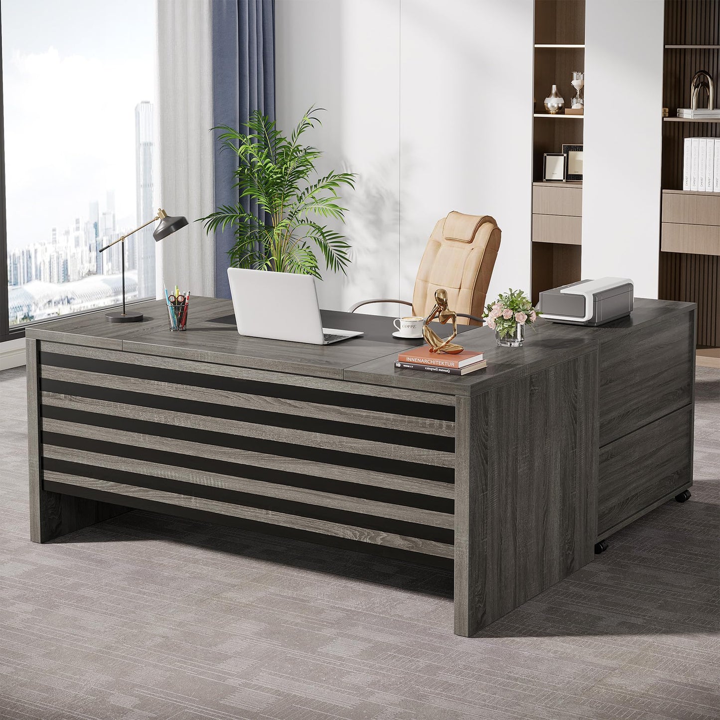Tribesigns 62.2" Executive Desk with Mobile File Cabinet, L-Shaped Office Desk with Storage Shelves, Large Computer Table Business Workstation Set for Home Office, Grey
