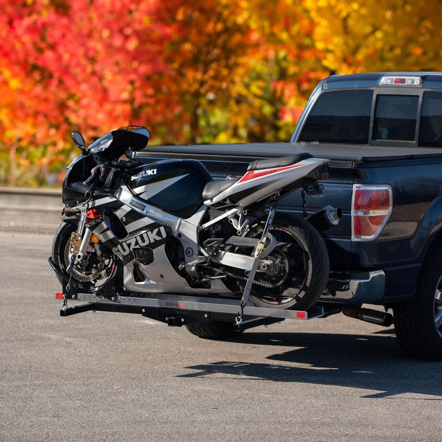 Black Widow Hitch Mounted Motorcycle Carrier with Ramp, Heavy Duty Steel Frame & Aluminum Track, 600 Pound Capacity, 72 Inch Ramp, Black