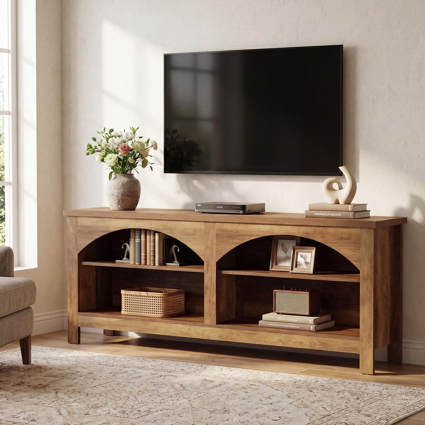 Tribesigns 63 Inch TV Stand for TVs Up to 70", Farmhouse Entertainment Center with Adjustable Shelves, Cable Management Holes & Arched Open Storage, Wooden Media Console Cabinet, Rustic Brown