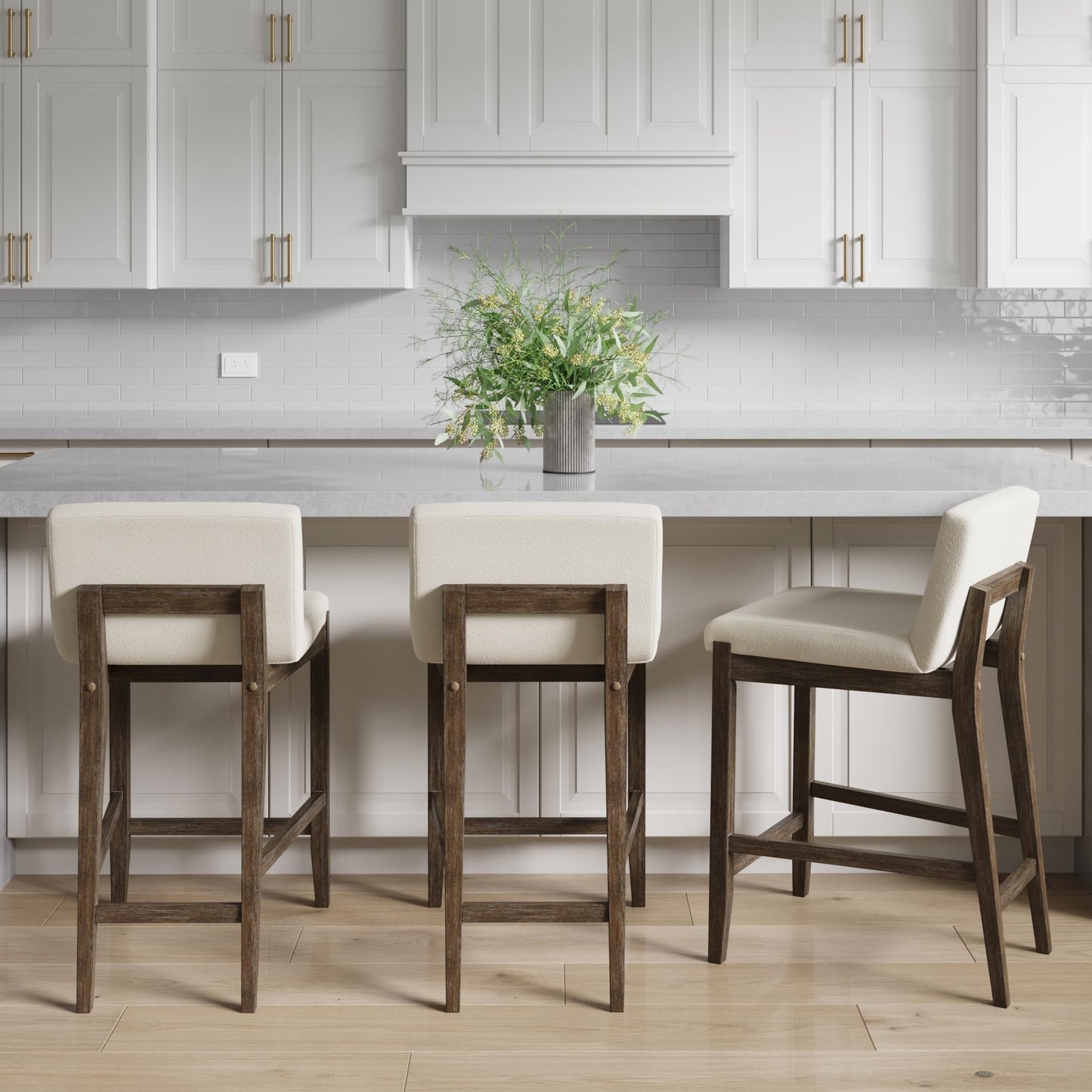Nathan James Gracie Modern Counter Height Bar Stool with Back, Counter Stool Upholstered Chair with Natural Textured Linen and Brushed Wooden Legs, Cream Boucle/Dark Brown