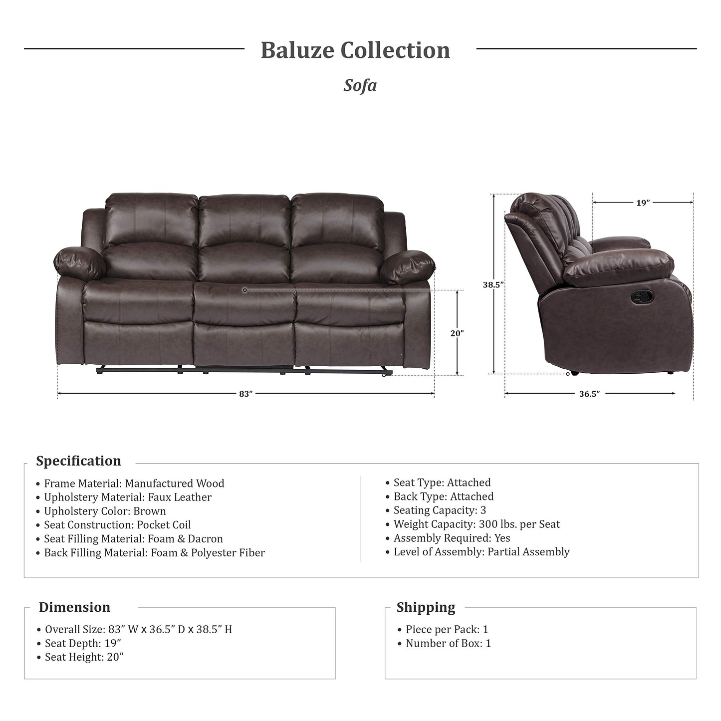 Lexicon Baluze Couch Recliner - Soft Faux Leather Double Reclining Sofa, Manual Pull Tab, Wall Hugger, High-Density Foam, Solid Wood Frame, Easy Assembly, 83" W, Living Room, RV - Brown