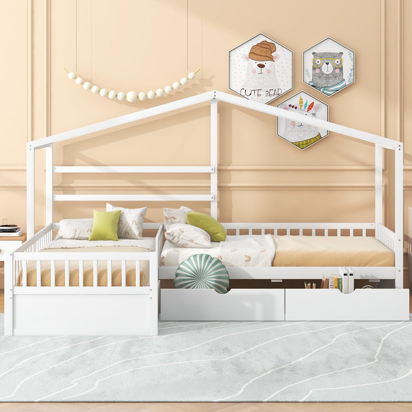 Merax House Bed for 2 Kids Twin Size, Wood L-Shaped Double Platform Bed with 3 Storage Drawers, for Boys Girls Teens, White