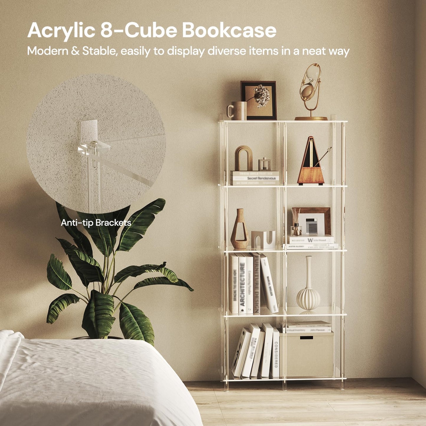 CRTERICX 5-Tier Acrylic Bookshelf with 8 Cube Storage, Clear Bookcase for Home Office, Mordern, Multifunctional Open Book Shelves for Living Room, Bedroom, 50.8" H, Easy Assembly