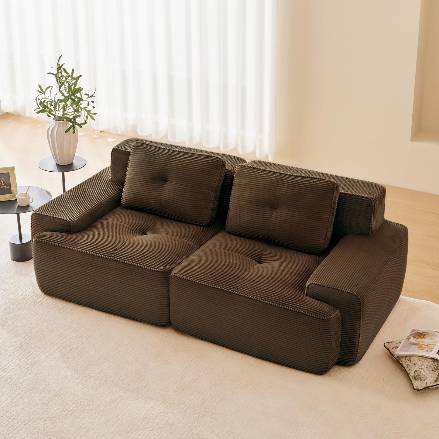 KEIKI 80" Oversized Corduroy Modular Sectional Loveseat Sofa with High-Density Foam Cushion & 2 Pillow, Upholstered Anti-slip Design 2-Seater Tufted Couch, No Assembly Required, for Living Room, Brown