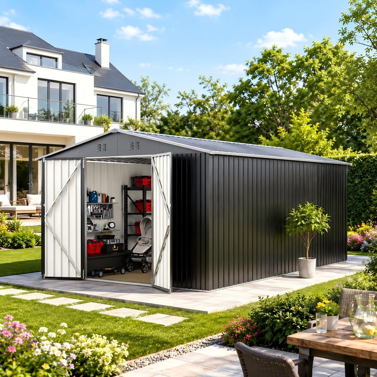 PABIMIA 10X14 FT Outdoor Storage Shed, Durable Metal Outside Storage with Lockable Doors, Waterproof Storage Shed for Tools, Equipment, Ideal for Backyard Garden Patio Lawn
