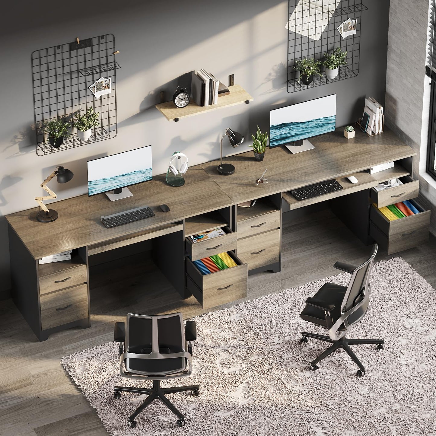 Bestier 59 Inch Office Desk with 4 Drawers, Computer Desk with Storage, Executive Desk with File Drawer, Keyboard Tray & 2 Pedestals on Both Sides for Home Office, Studio, Grey&Black