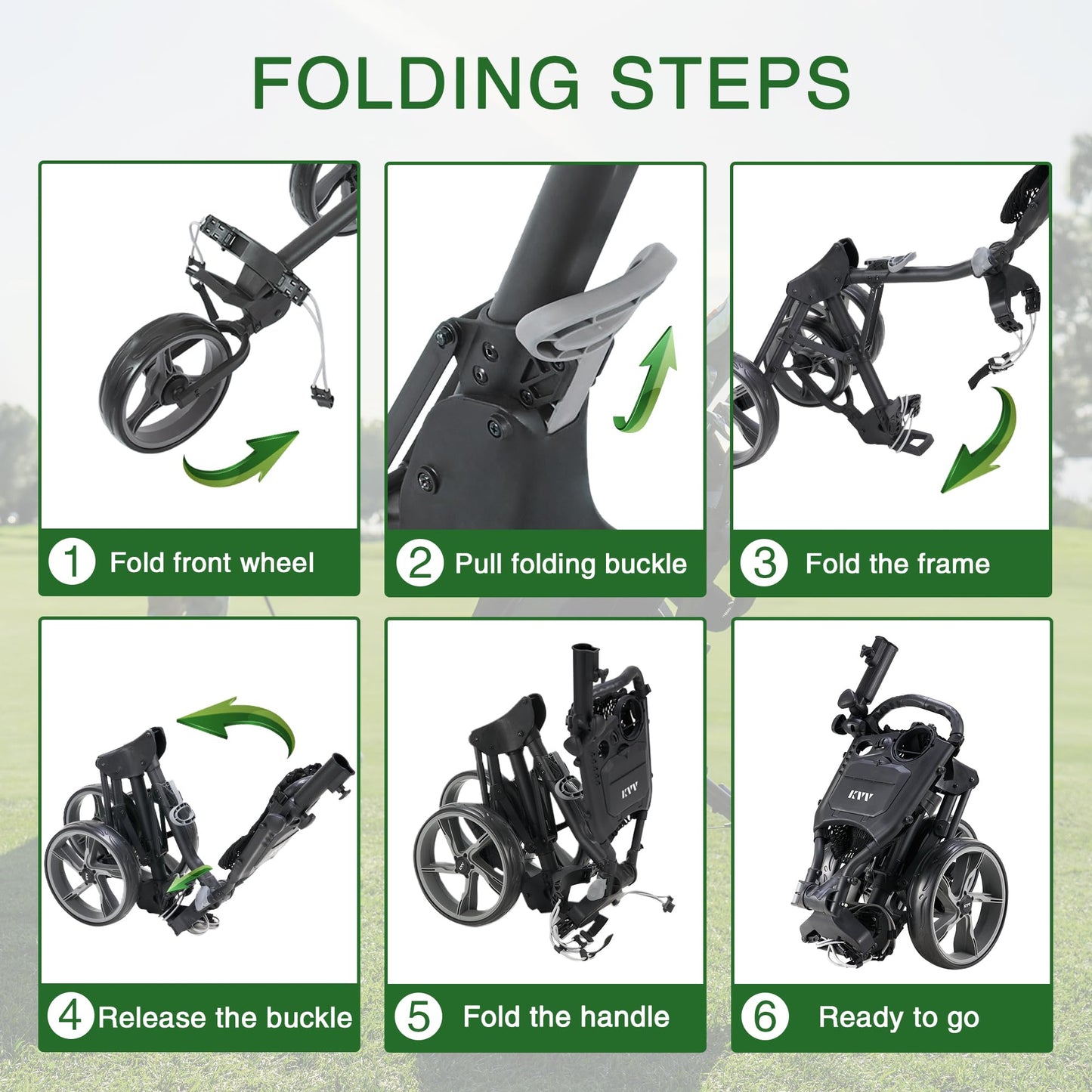 KVV 3 Wheel Foldable/Collapsible Golf Push Cart Ultra Lightweight Smallest Folding Size, New-Version Scorecard Holder Umbrella Holder Included