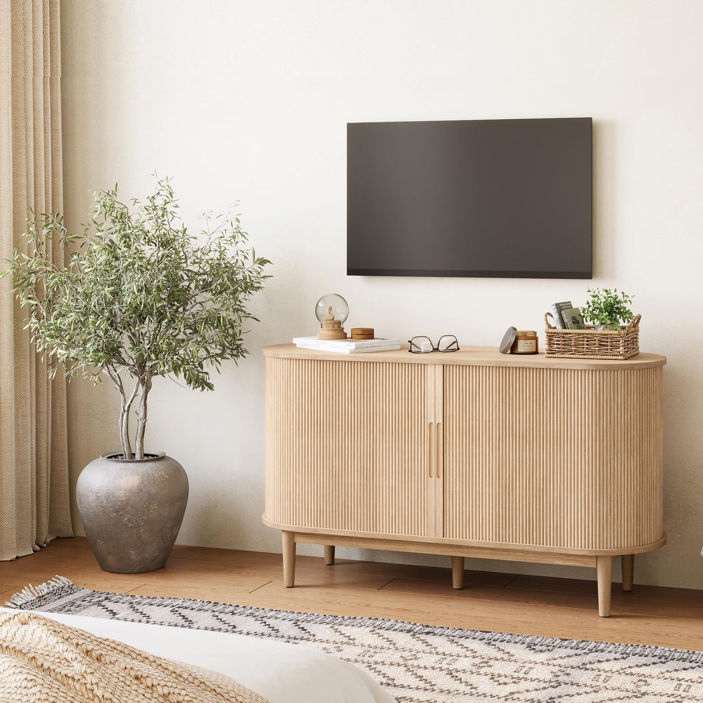 LINSY Home 55" Sideboard Buffet Cabinet,Tambour Sliding Doors & Drawer