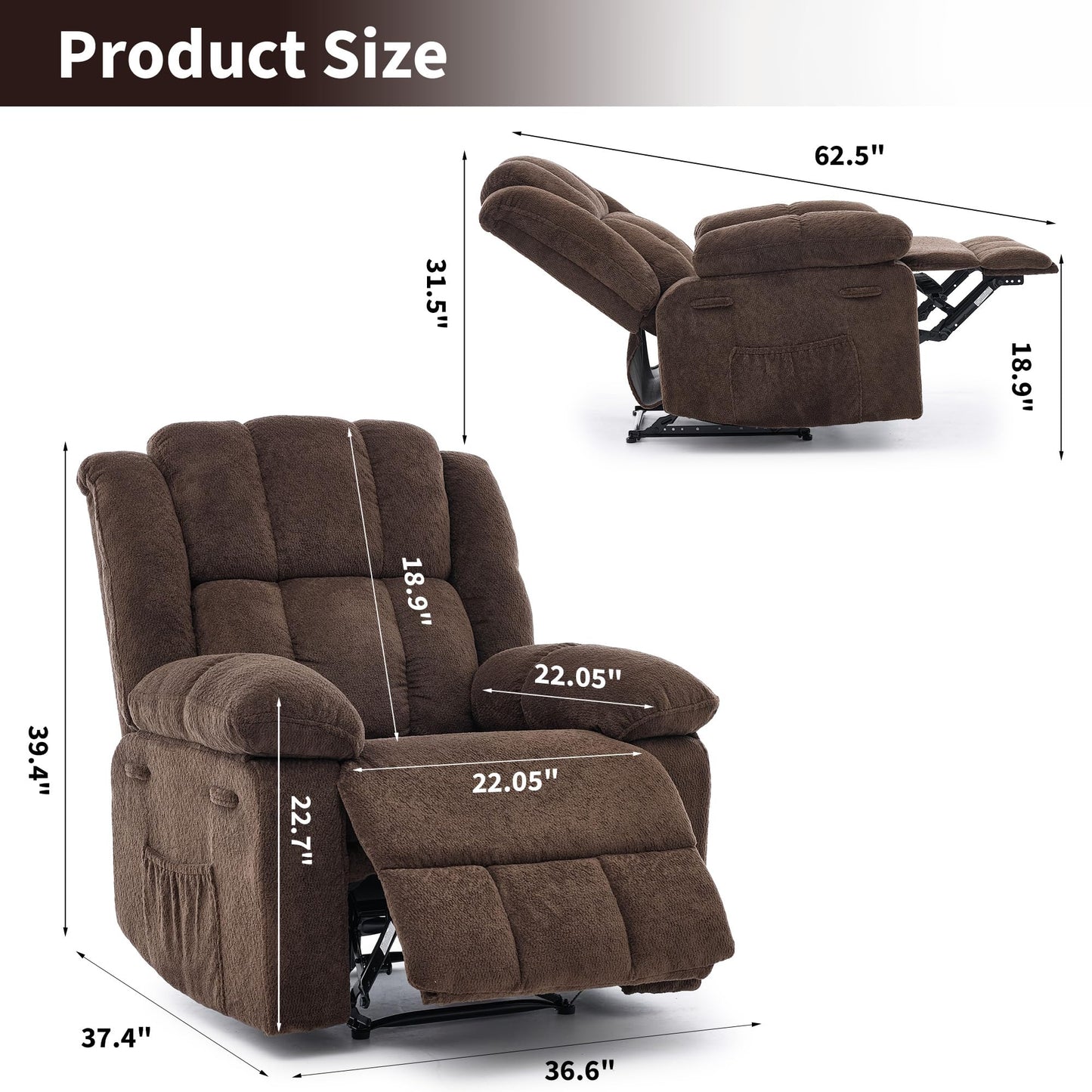 Oversized Recliner Chair for Adult,150°Recliner Chairs Ergonomic Nursery Chairs, Extra Wide Manual Recliners,Fabric Upholstery Soft Sofa Chair for Livingroom,Bedroom,Brown