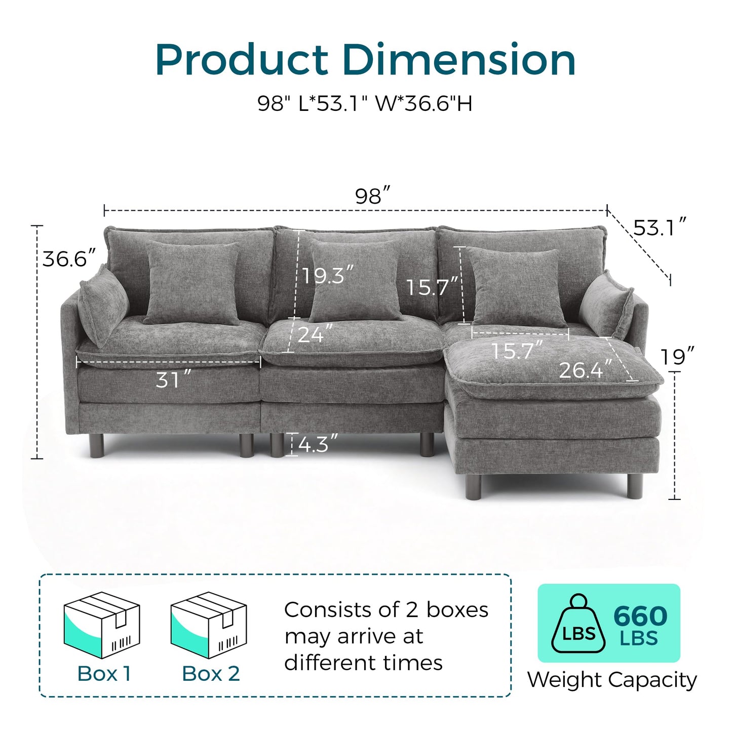 LINSY HOME 98'' Modular Sectional Sofa 3 Seat Couch Chenille Cloud Couch with Deep Seat, L Shaped Couch with 1 Movable Ottoman for Living Room, Office, Bedroom, Grey(Pillows Included)