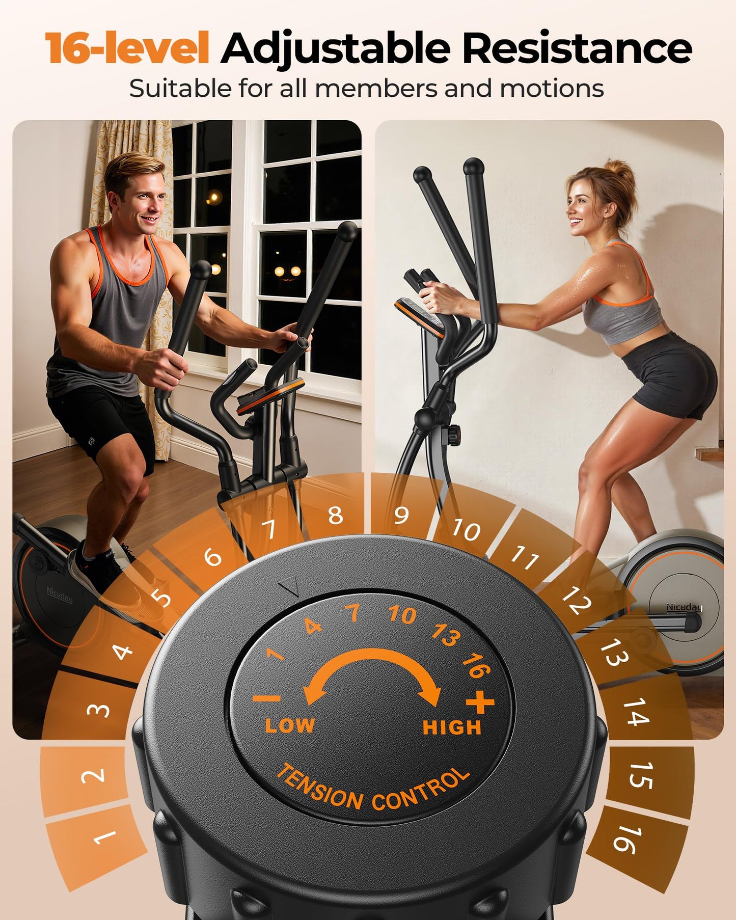 Niceday Elliptical Machine, Elliptical Exercise Machine for Home Use with Hyper-Quiet Magnetic Driving System, 20IN Stride, 16 Resistance Levels, 500LBS Loading Capacity, App Supported