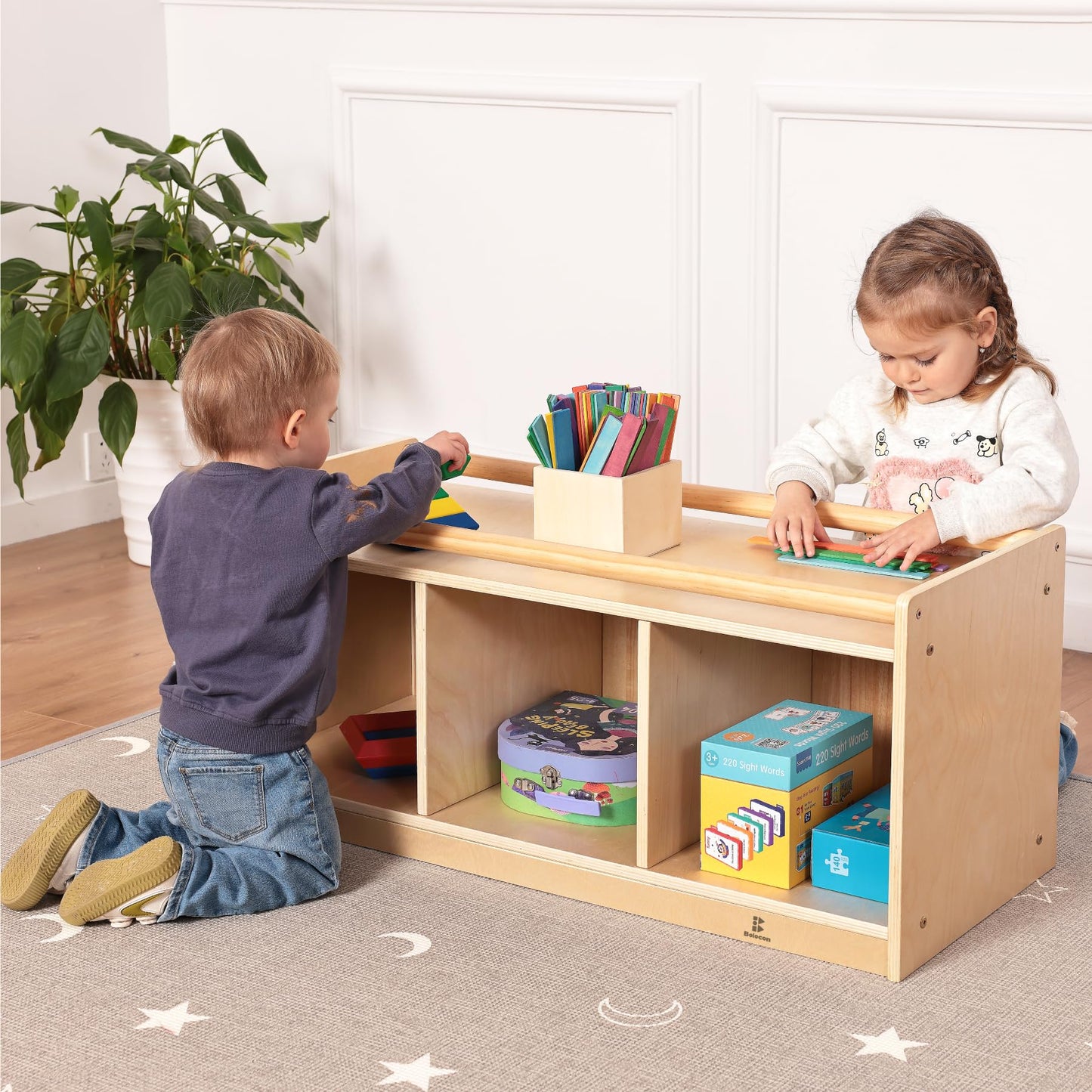 Toddler Toy Storage w/ Mirror Back, Baby Preschool and Daycare Cubbies w/ 2 Top Holding Handrail, Little Kids Tummy Time Furniture, Home, Classroom, Montessori Book Browser (1 Tier w/ Mirror Back)