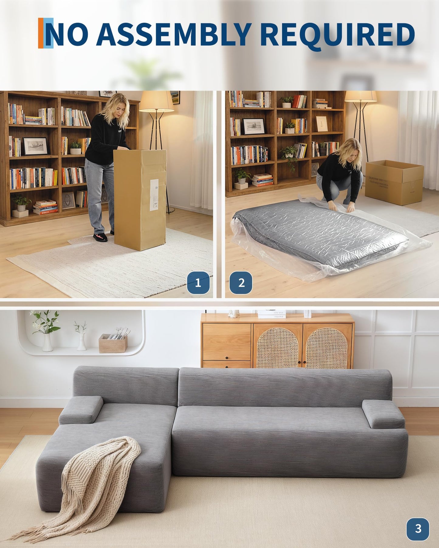 Garvee 108'' Modular Sectional Sofa, Left Facing Chaise L-Shaped Boneless Couch, Ultra Deep Seat Modern Sectional Sofa for Living Room, 5mm Wale Corduroy Fabric, Gary