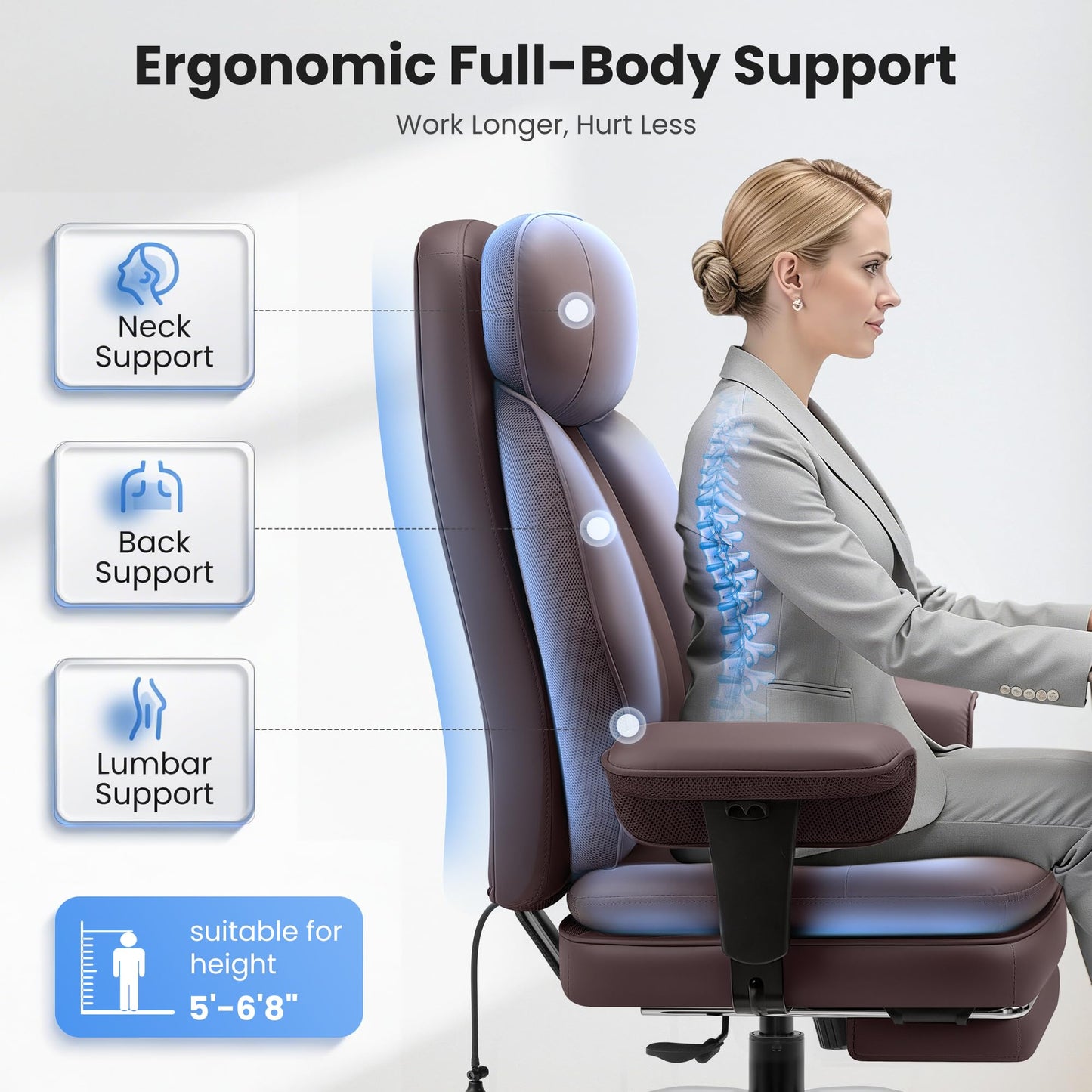 BestGlory Office Desk Chair with Inflatable Lumbar Support, Ergonomic Office Chair [Upgraded Double-Layer Cushion & Footrest], 400 LBS Big and Tall Computer Desk Chair for Home Office Gaming, Coffee