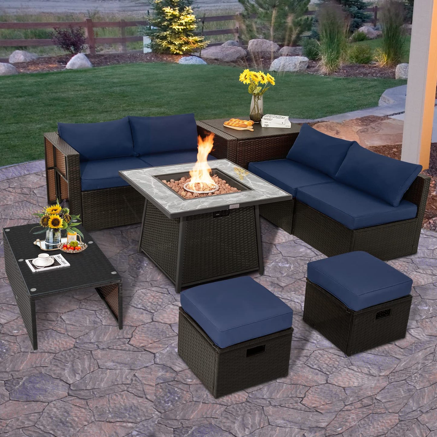 Tangkula 9 Pieces Outdoor Patio Furniture Set with 35-Inch Propane Fire Pit Table, Outdoor PE Wicker Sectional Sofa Set with Storage Box and Cushions, 50,000 BTU Gas Fire Pit Table (Navy)
