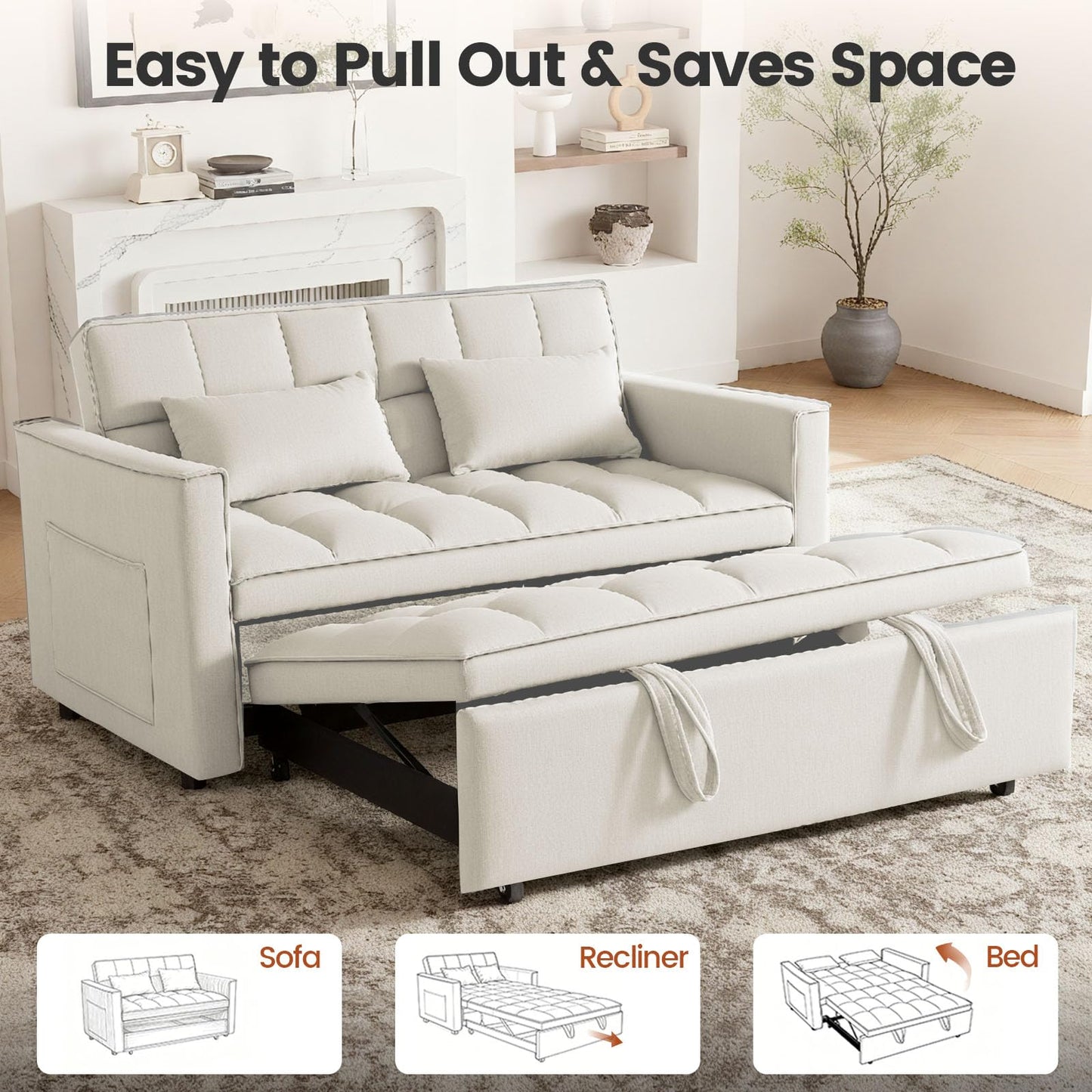 Trygoal 3 in 1 Convertible Sofa Bed, Loveseat Sleeper Sofa with Large Side Pockets, Pull Out Couch with Adjustable Backrest, Easy Assembly, Velvet Couch Bed for Small Spaces, Apartment, White