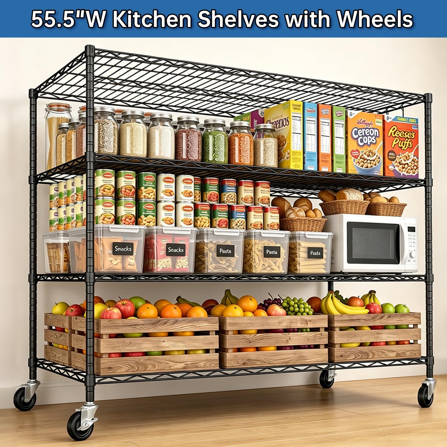 Mapleyard Heavy Duty Garage Shelving with Wheels: 55.5" W x 24" D x 81" H 4 Tier Wire Metal Storage Shelves, Adjustable NSF Commercial Shelf, Rolling Tote Rack Organizer for Pantry, Warehouse, Black
