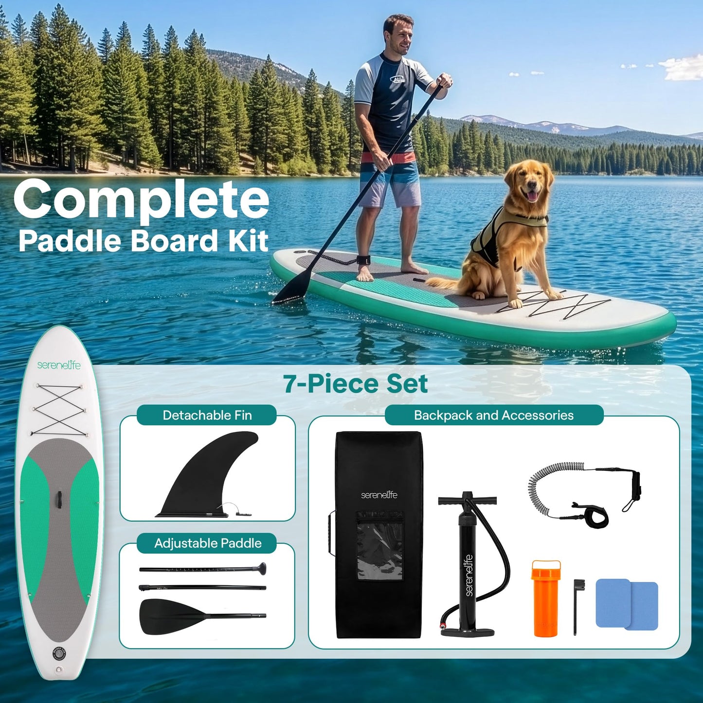 SereneLife 10’ Inflatable Stand Up Paddle Board with Premium SUP Accessories - 32” Wide Stable Design with Non-Slip EVA Deck Pad, for Youth and Adults, 275 lbs. Capacity