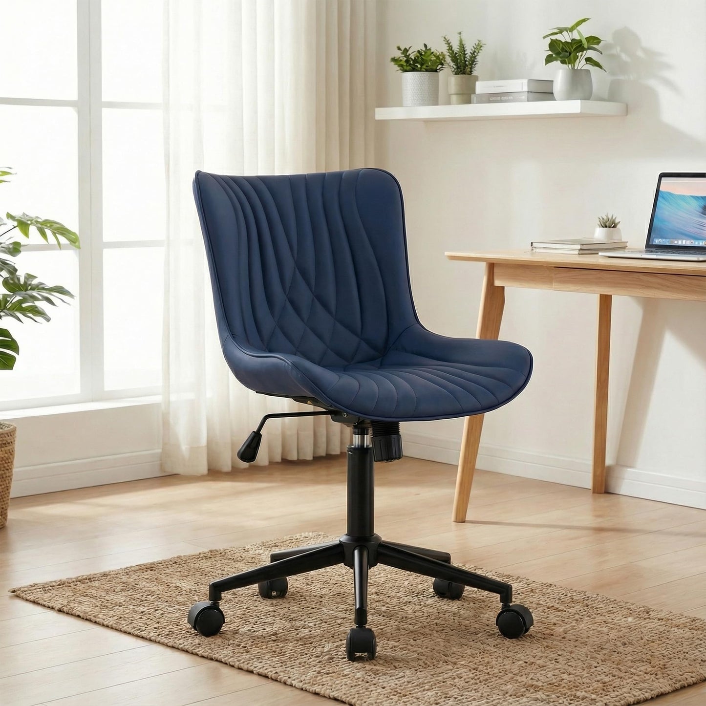 YOUTASTE Navy Blue Office Chair, Faux Leather Armless Desk Chair with Wheels, Height Adjustable, Swivel, Rocking, 300 lbs Capacity, Metal Base, for Home Office Vanity, Purple