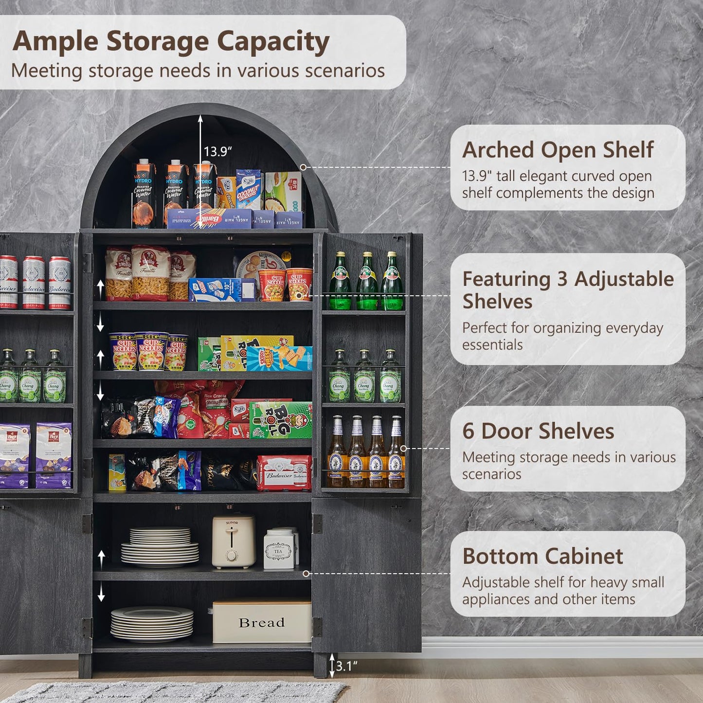 IFBUY 71" Tall Arched Bathroom Storage Cabinet, Modern Fluted Storage Cabinet w/Doors, 3 Adjustable Shelves, 6 Door Shelves, Wood Freestanding Cabinet for Bathroom, Entryway, Hallway, Dark Grey