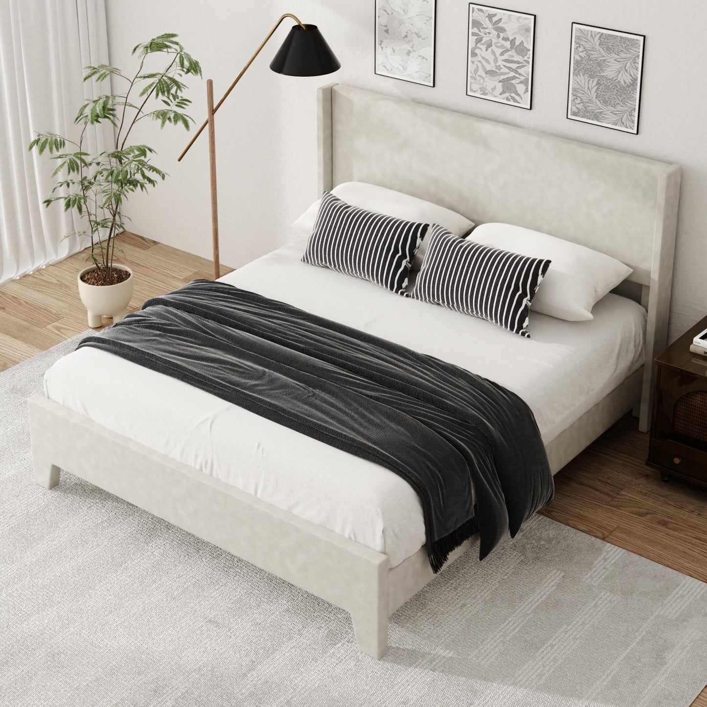 viplov Queen Bed Frame with Faux Leather Upholstered Headboard, Wear-Resistant, Easy Clean, Mattress Foundation, No Box Spring Required, Easy Assembly, Beige
