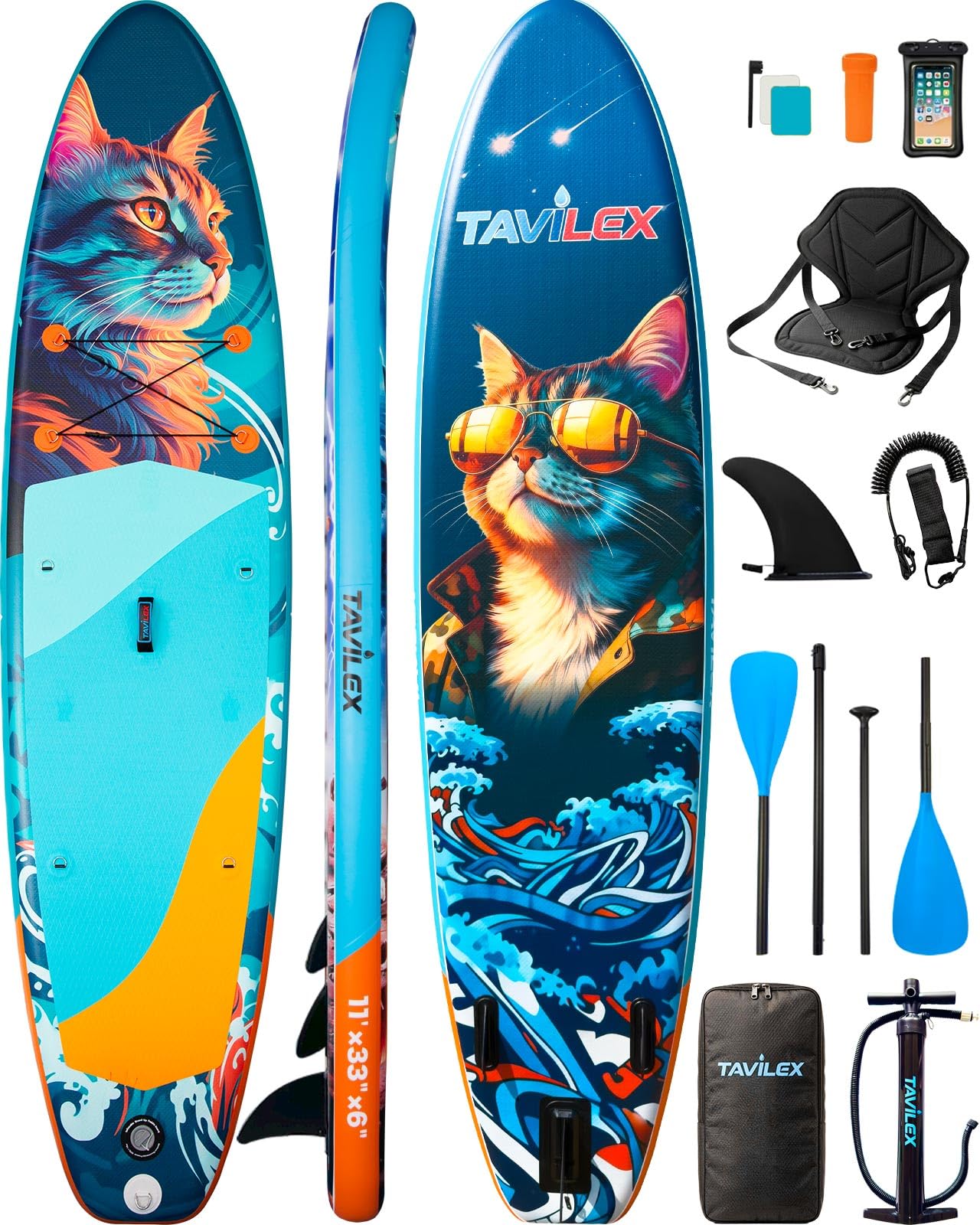 Tavilex Inflatable Stand Up Paddle Board with Seat, 11' x 33" x 6" Ultra-Wide 2-in-1 SUP Board for Adults & Youth, Stable Blow Up Paddleboard Kit with Dual-Blade Paddle (Night Cat)