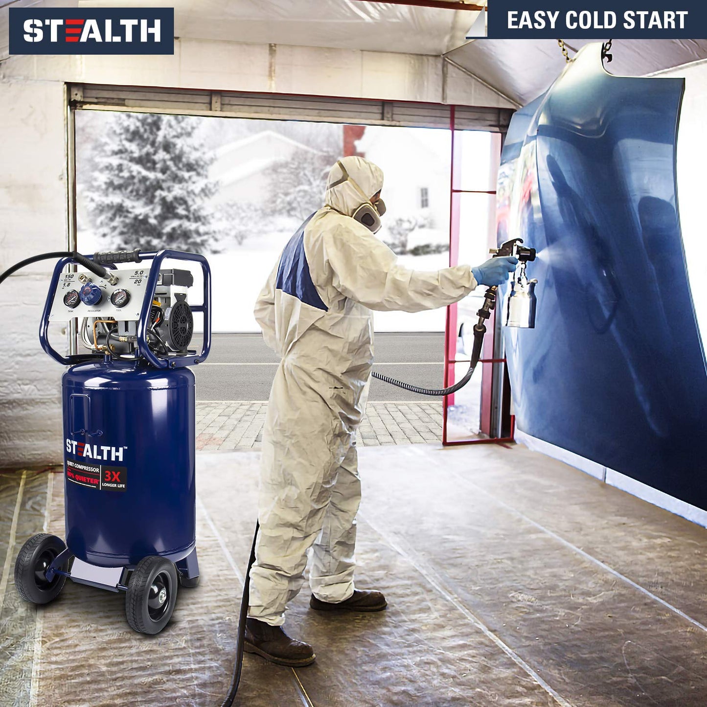 STEALTH 20 Gallon Air Compressor, Ultra Quiet, Oil-Free and Long Life Cycle,1.8 Hp Large Air Compressor with Rubber Wheels (Blue, SAQ-12018)