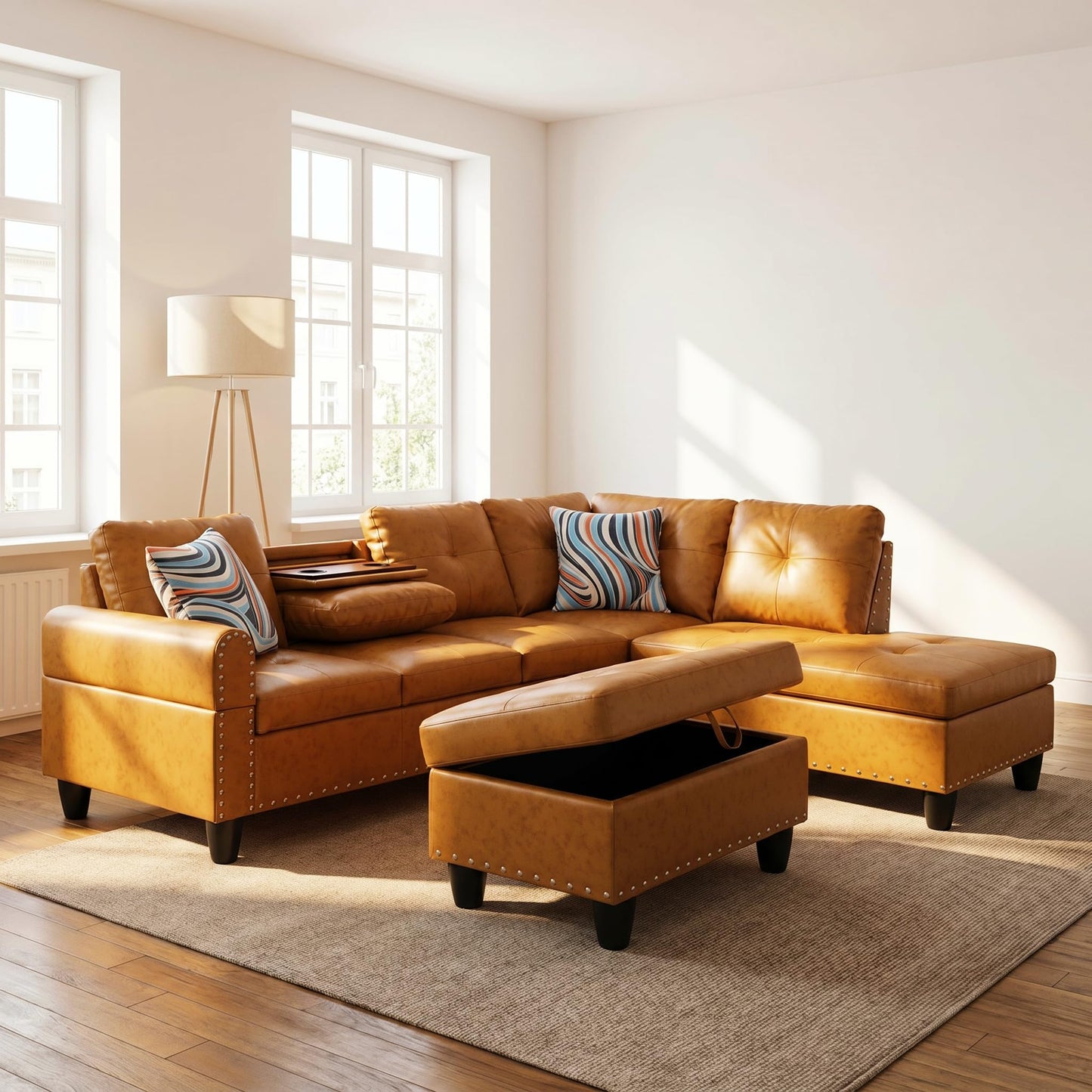 Trygoal Leather 3-Piece L-Shaped Couches for Living Room, Sectional Sofa with Storage Ottoman & Movable Chaise, Modular Convertible Couch for Bedroom & Apartment, Mustard Yellow