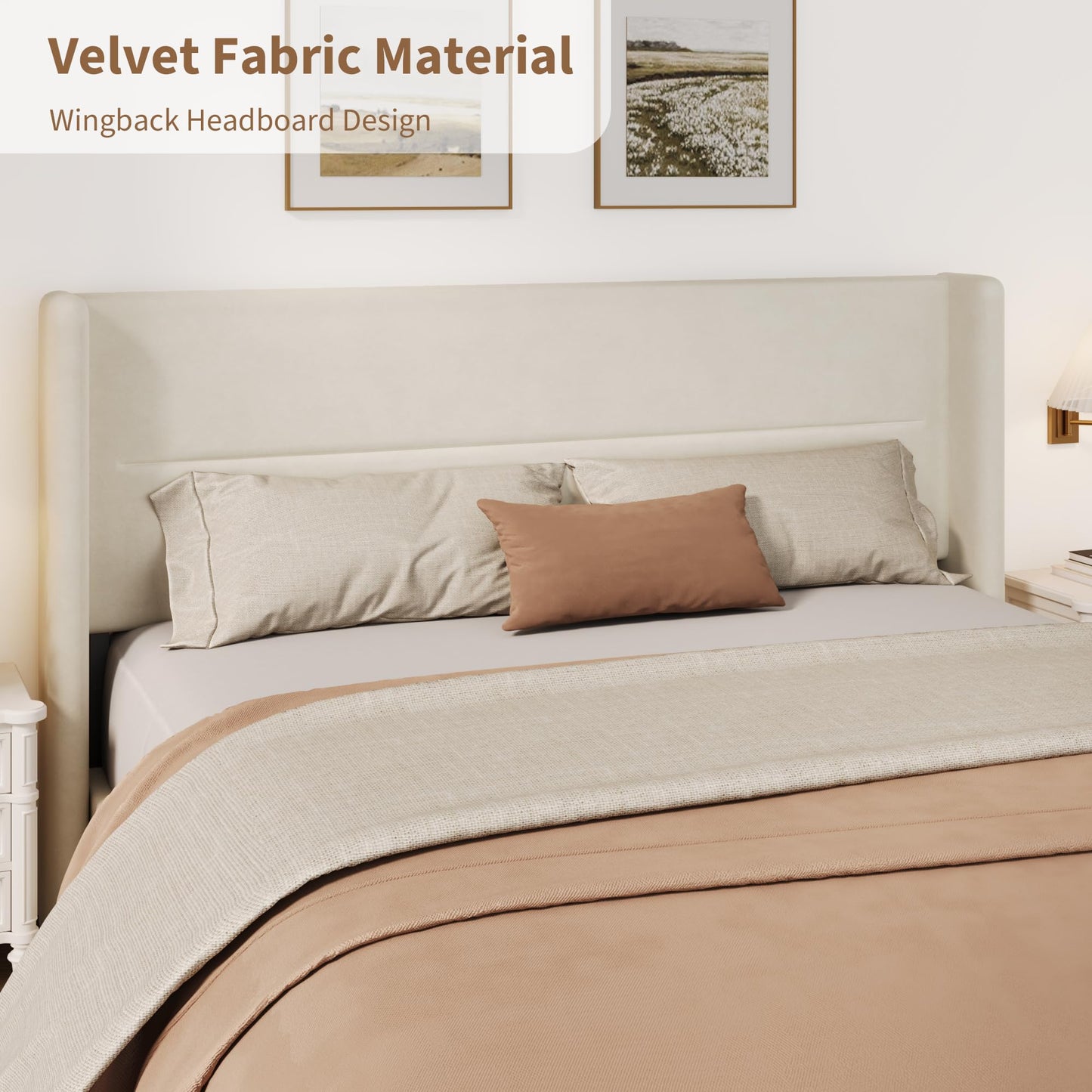IDEALHOUSE King Size Bed Frame with Tufted Wingback Headboard, Velvet Upholstered Platform Bed with Strong Wood Slats, No Box Spring Needed, Easy Assembly, Beige