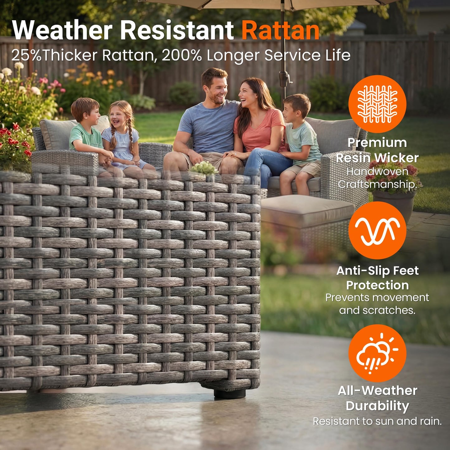 Wisteria Lane Patio Furniture Set, Wicker Outside Outdoor Furniture for All Weather, Patio Sofa with High Backrest Support and Wide Armrest for Backyard, Balcony, Deck, Porch, Navy Blue