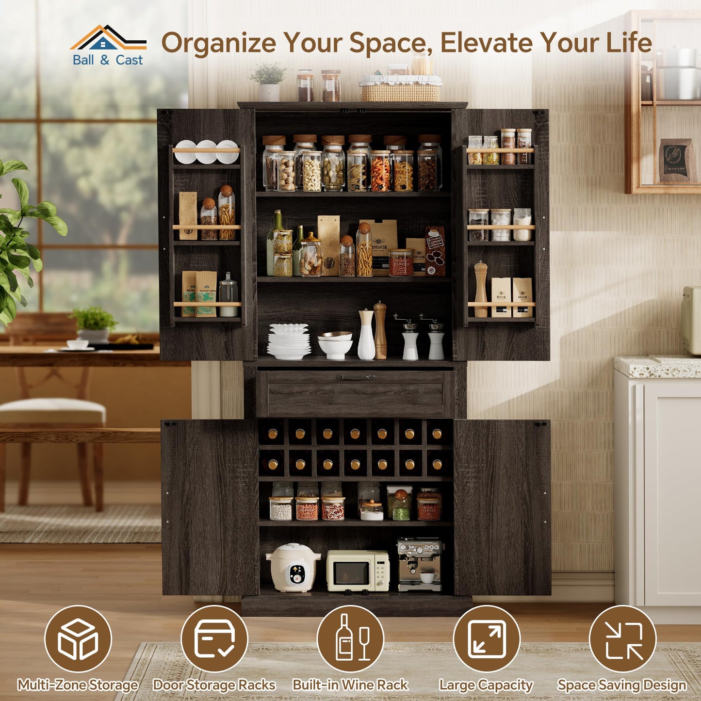 Ball & Cast Farmhouse Kitchen Pantry Cabinet, Brown, 71 Inch