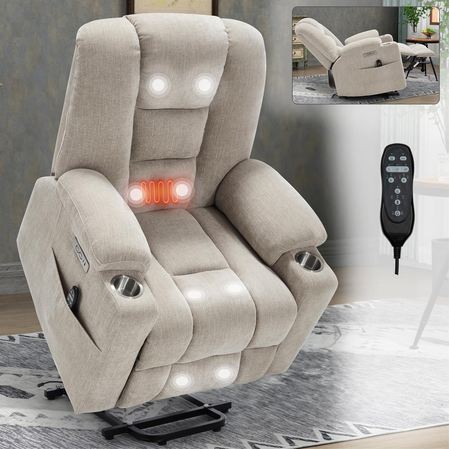 KEIKI Oversized Power Lift Recliner Chair with Heat & Massage, Reding Rocking Chair for Adults, High Seat Comfy Chenille Recliner with Side Pockets, USB Port, Cup Holders & Lumbar Support, Beige