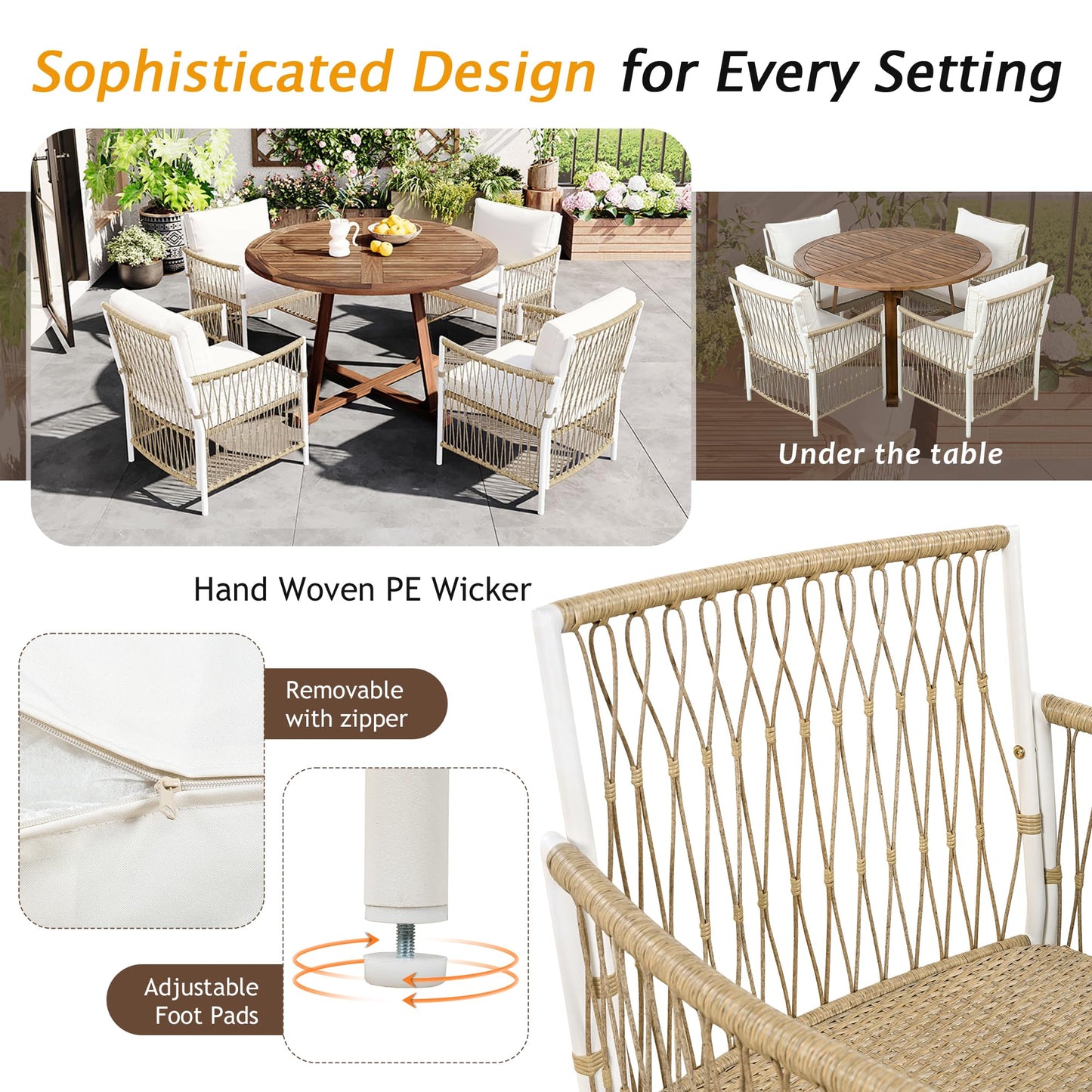 Merax 5 Piece Patio Dining Set, Outdoor Acacia Wood Extendable Round Table with 12 Inch Butterfly Leaf and 4 Rattan Arm Chairs w/Cousions & Pillows for Backyard,Balcony, Garden, Poolsid, Natural