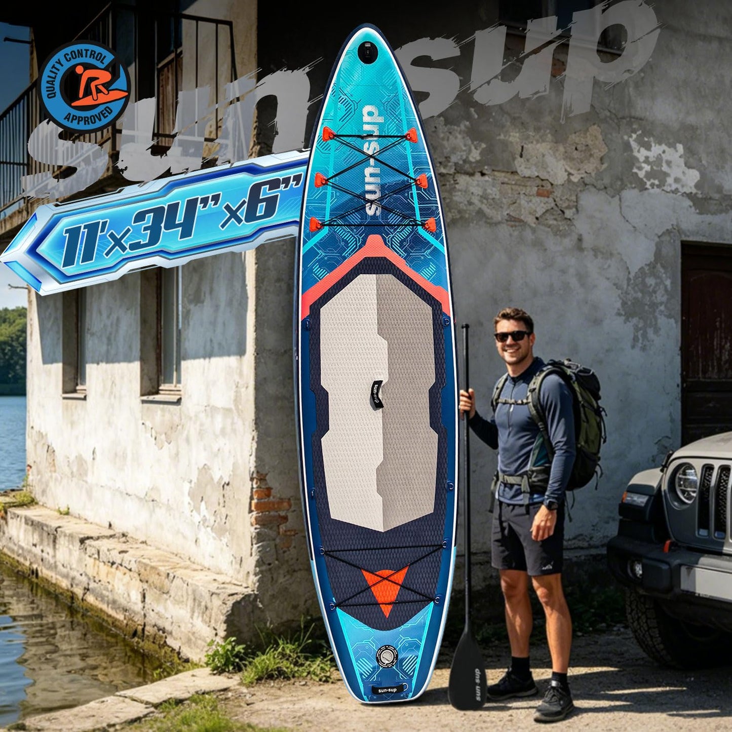 SUN-SUP 11ft Inflatable Stand Up Paddle Board, All-Around Inflatable SUP with Non-Slip Deck for Fishing, Surfing, Yoga and Multi Water Sports