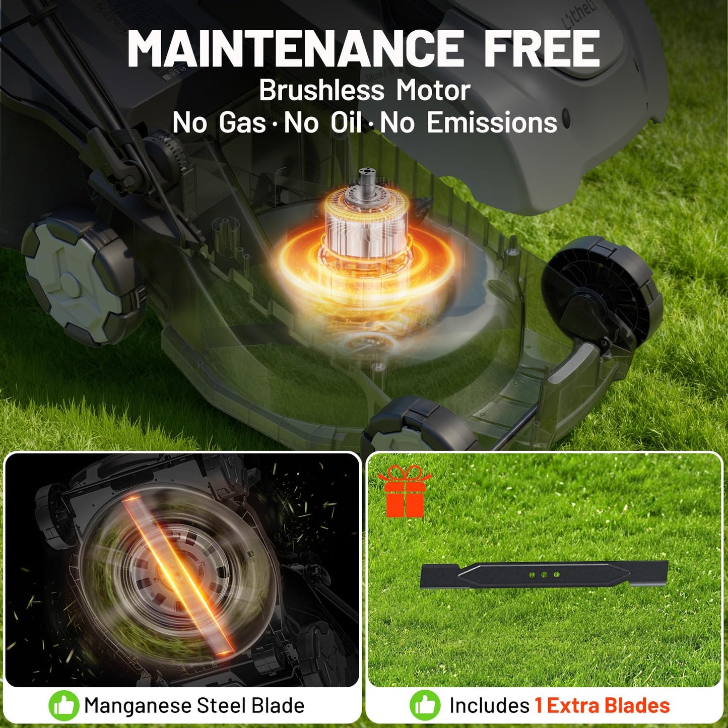 Litheli Electric Lawn Mower Cordless,Grass Cutter Machine for 3200 Sq. Ft, Brushless Motor, 16 in Cutting Width, 6 Level Cutting Height, 2 * 5.0 Ah Batteries and Charger, 2-in-1 Mulch/Bag