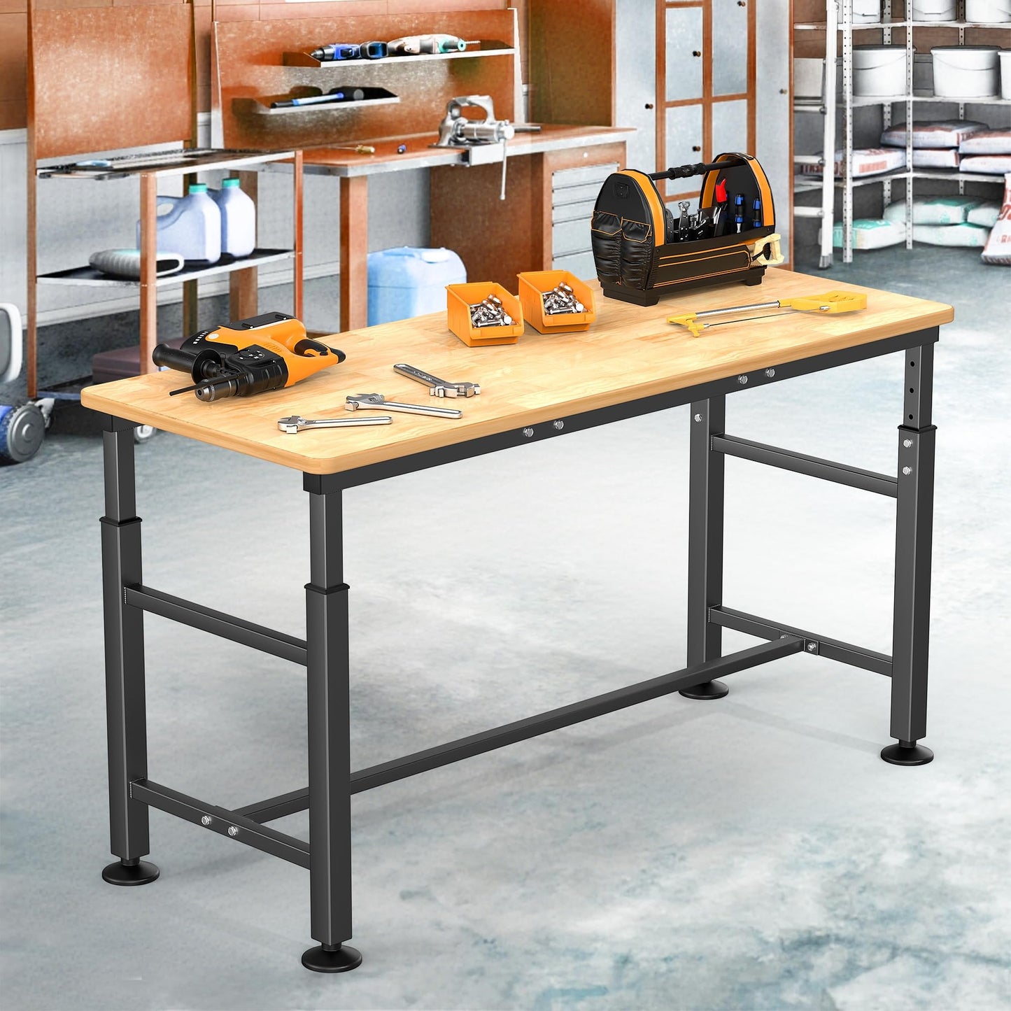 TORACK Adjustable Workbench with Rubberwood Top, 60" x 23.5" Heavy-Duty Garage Work Table, Height Adjustable 29"–41", Supports Up to 2000 lbs