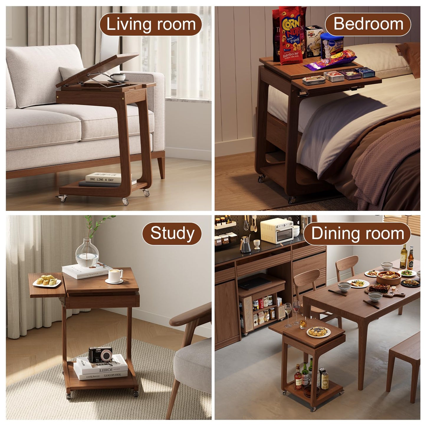 Solid Wood C Shaped End Table for Couch,Walnut C Table with Wheels,Rolling Side Table with Storage,Couch Desk with Adjustable Desktop,Rolling Tv Tray with Folding Shelf,Modern Couch Table
