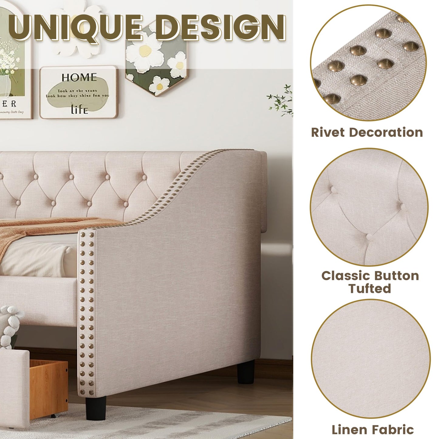 Daybed Frame Full Size with Storage 2 Drawers and Button Tufted, Upholstered Platform Bed, No Box Spring Needed