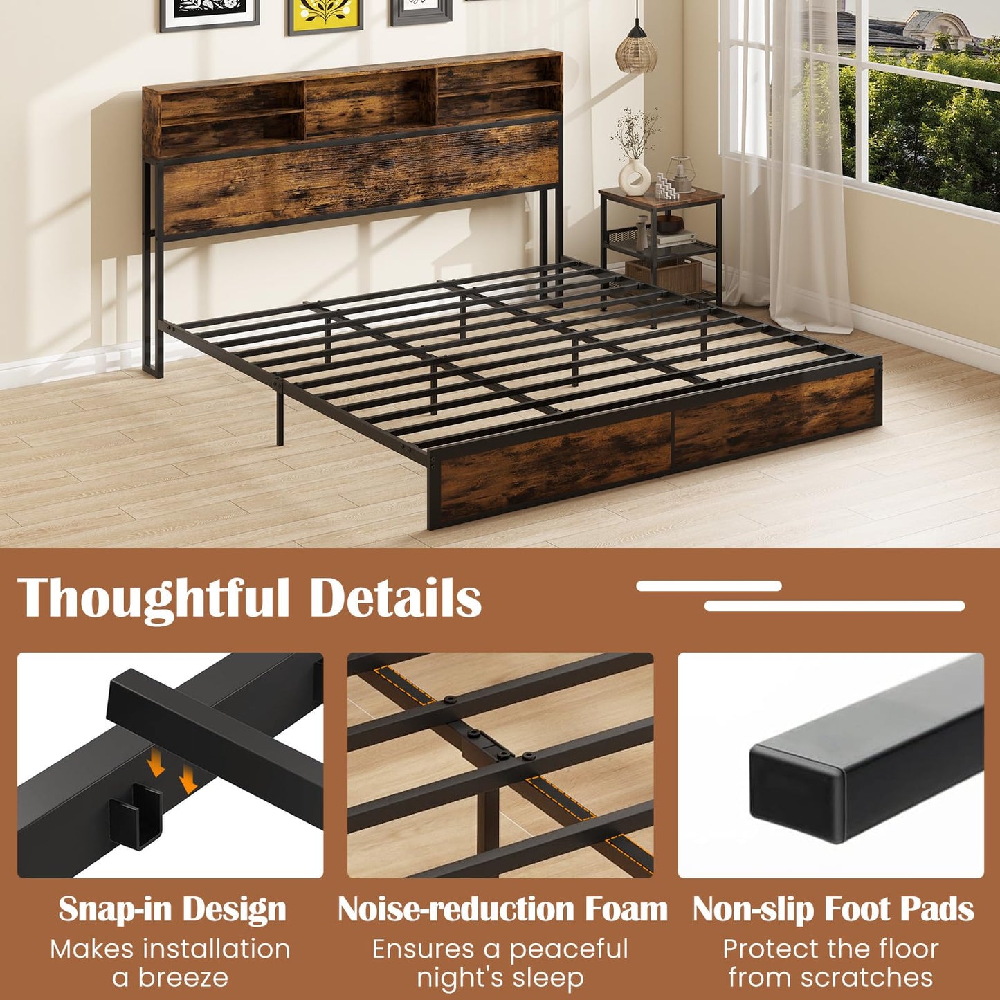 GOFLAME King Size Bed Frame with Storage Headboard, Metal Platform Bed Base with Charging Station & Under Bed Storage, Heavy-Duty Slatted Mattress Foundation, No Box Spring Needed, Rustic Brown