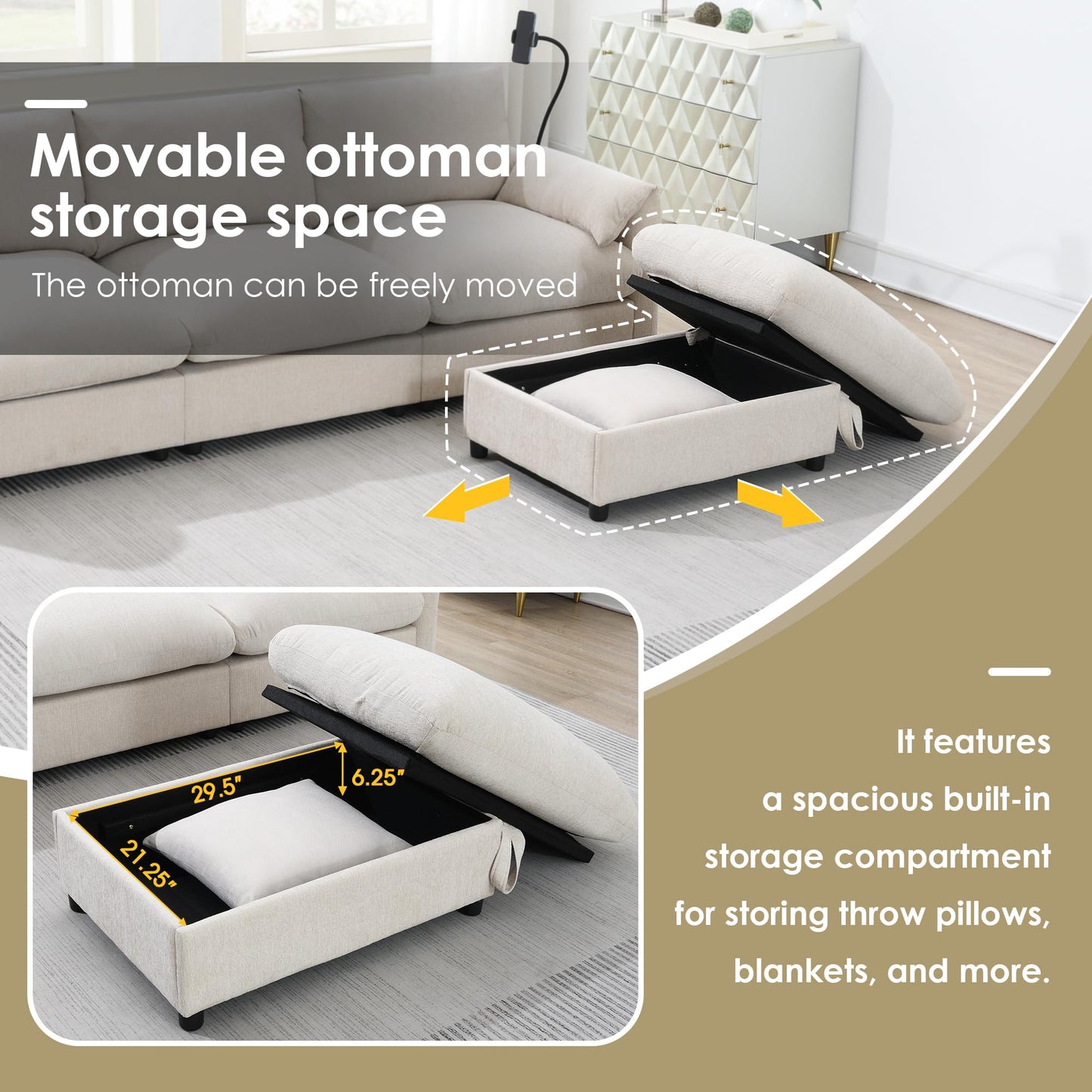 Merax Modern Chenille Sectional Sofa with Storage Ottoman, USB Charging Port & Phone Holder, L-Shaped 4-Seat Couch Set with Deep Seat for Living Room, Apartment, Beige