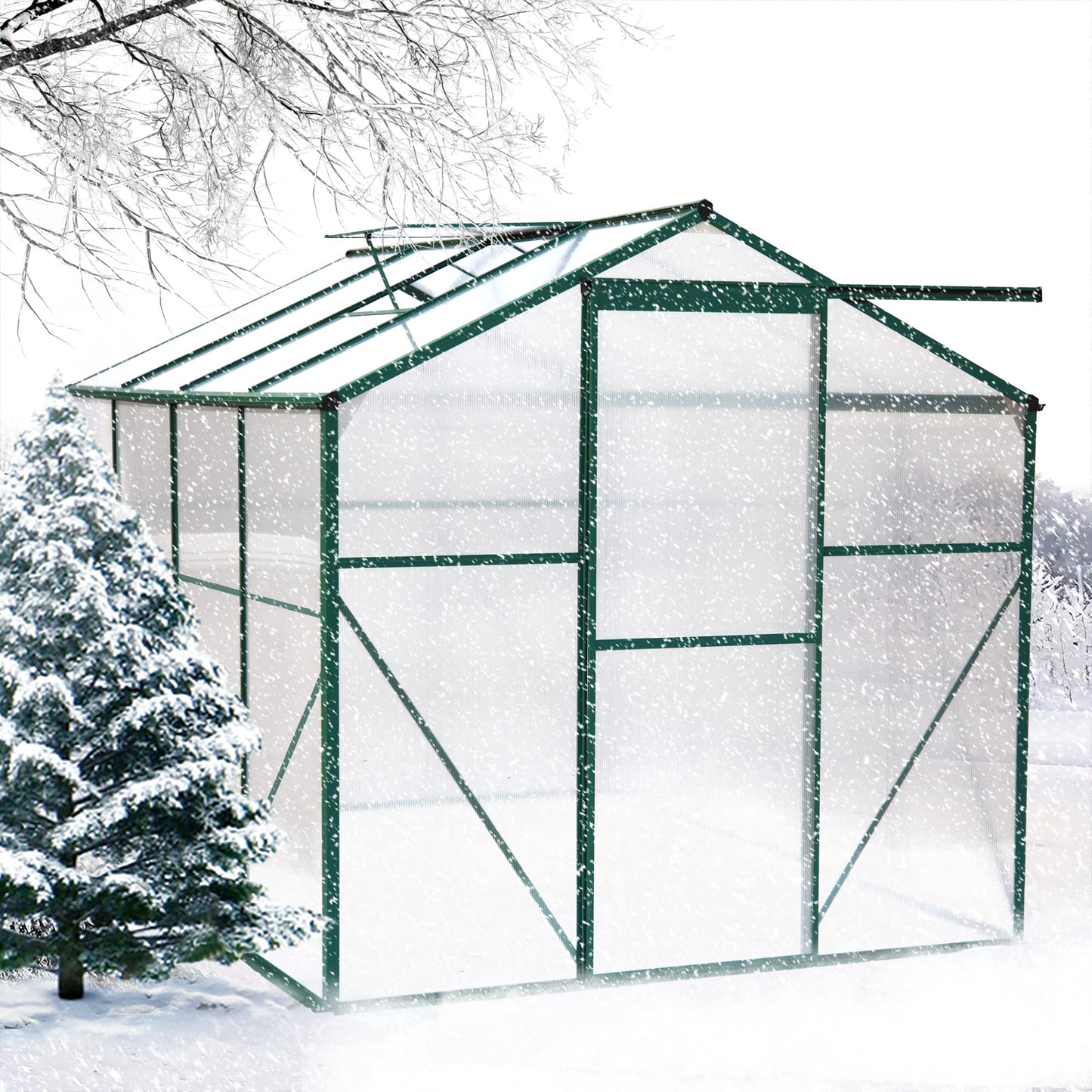 Jintop 6'x 8' Polycarbonate Greenhouse with Thickened Aluminum and Sliding Door,Heavy Duty Walk-in Plant Garden Green House,W/ Drainage System,for Backyard,Terrace,Garden,Green